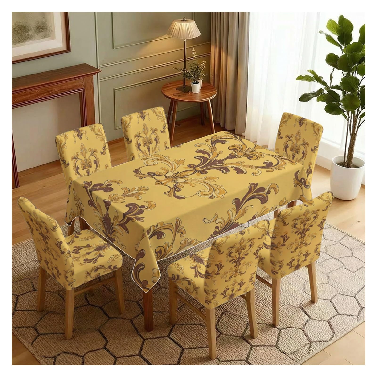 KXUAUV Yellow Brown Damask Print Stretch Dining Chair Covers Tablecloth Set, For Kitchen Dining Living Room Luxury Decor, 5/7 Pack Party Decor(7pcs Set: Tablecloth+Chair Covers)