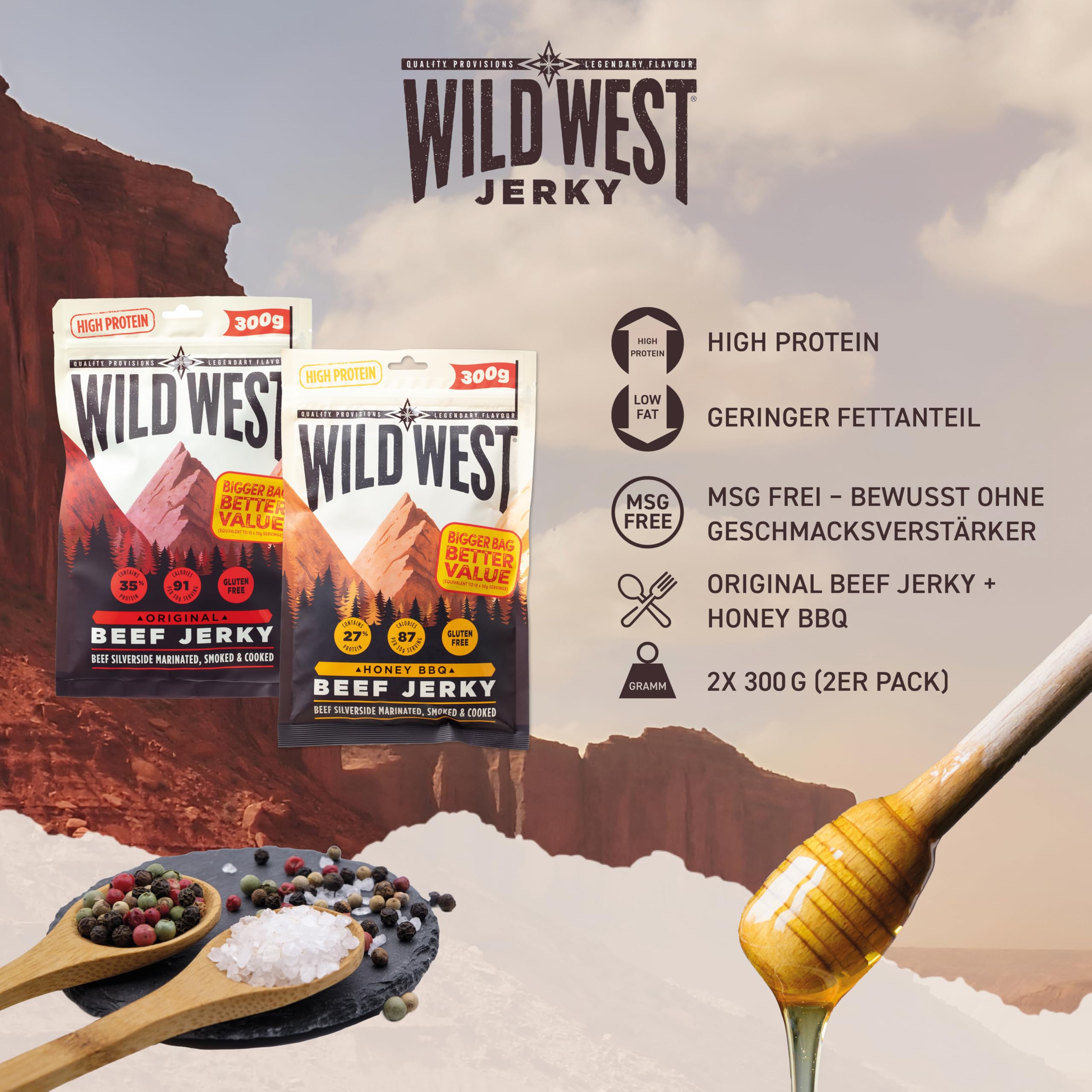 Wild West Beef Jerky, high Protein Trockenfleisch Bundle, Beef Jerky Protein Snack, 300g Honey BBQ & 300g Orginal, Rinderdörrfleisch