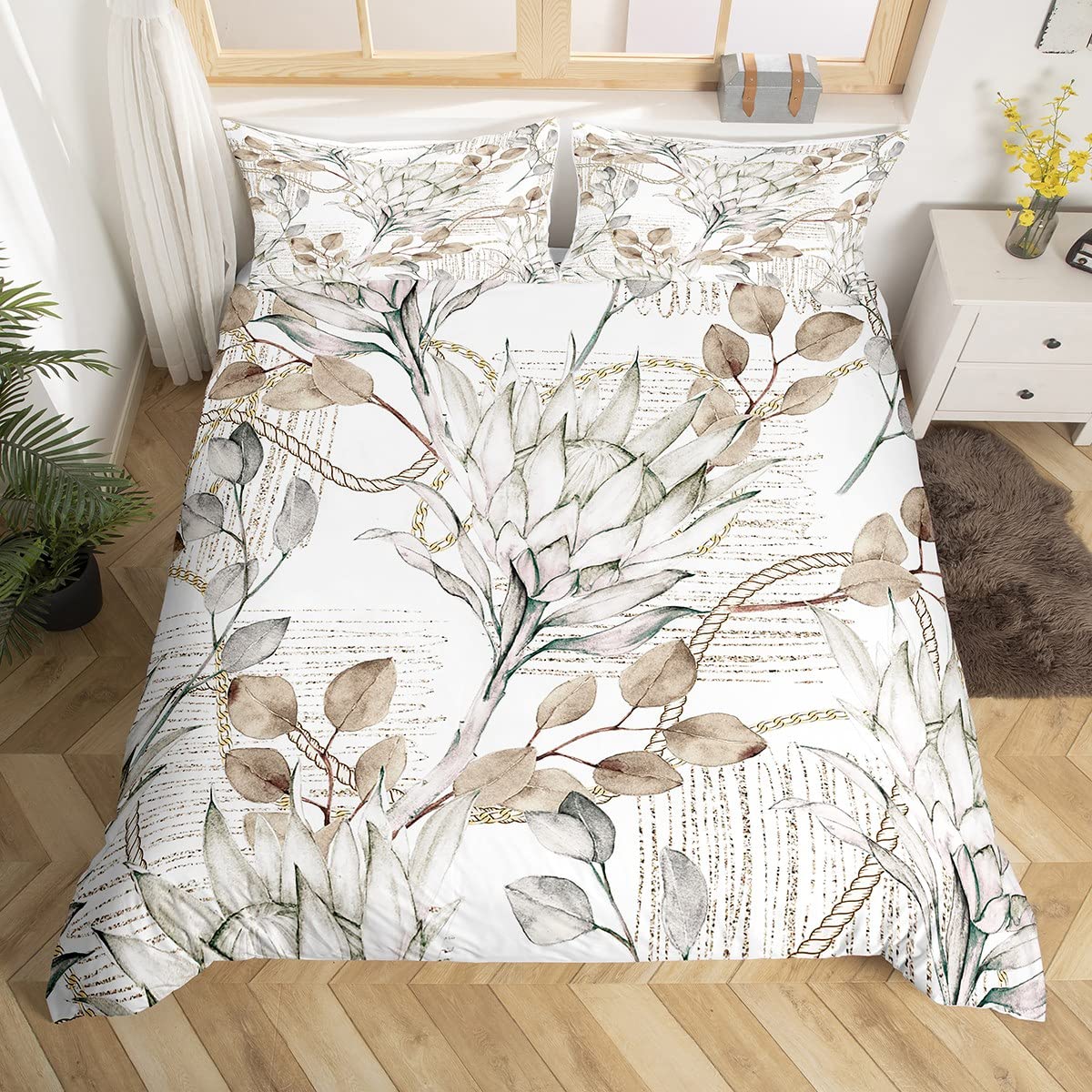 Richhome Girls Color 10 Vintage Protea Duvet Cover Set Super King Size,Flowers Leaves Plants Romantic Bedding Set,Teens Adults Room Decor,Florals Africa Exotic Comforter Cover,Rustic Farmhouse Quilt Cover,2 Pillowcases