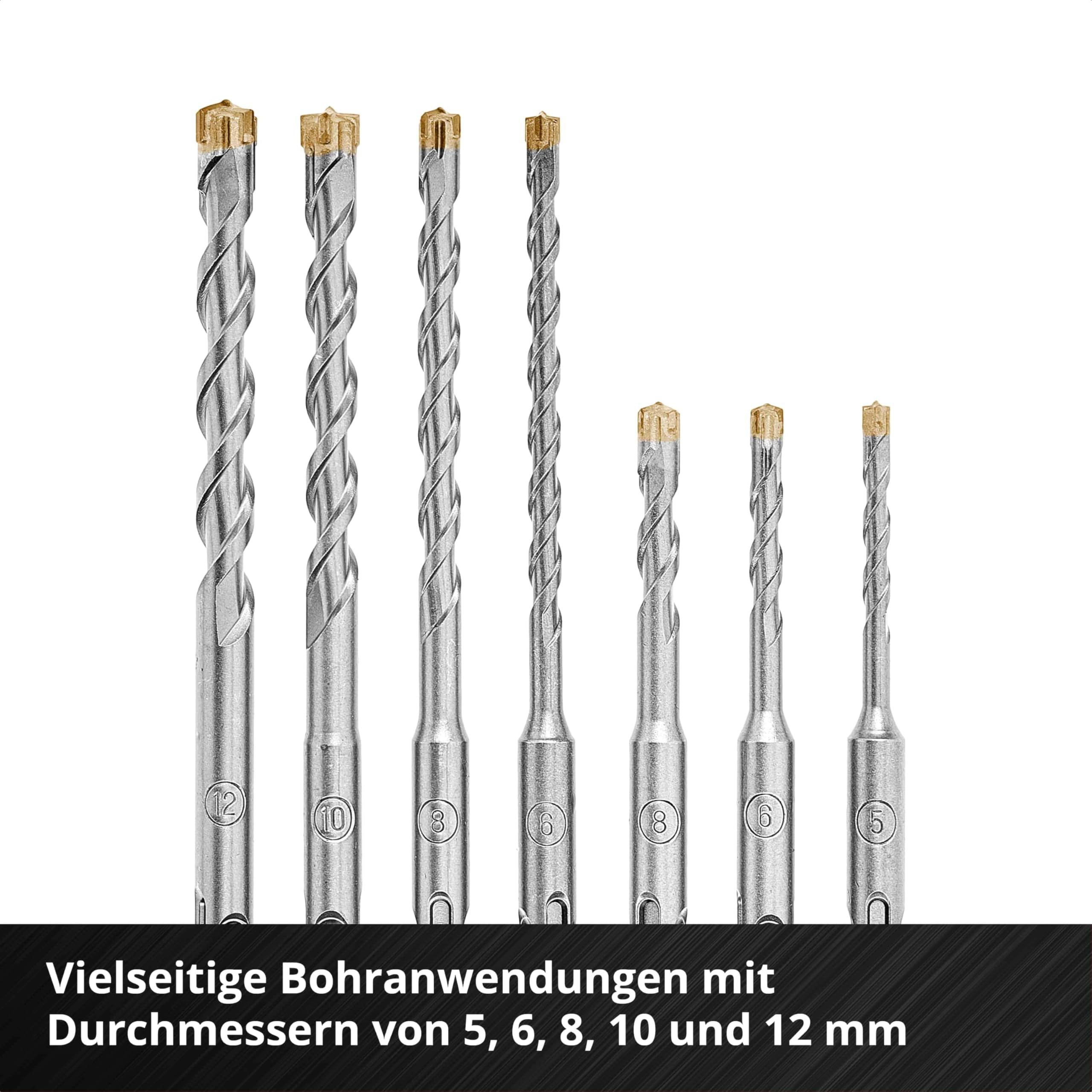 kwb SDS Plus - Juego de brocas para martillo SDS Plus (7 piezas, diámetro 5/6/6/8/8/10/12 mm x 110/160 mm, con carburo extremadamente rápido 4 filos de corte, para hormigón, piedra y mampostería)
