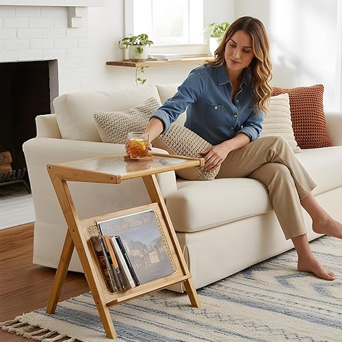 Miniatura 18 de Tiita Paquete de 2 mesas auxiliares de ratán, mesitas de noche de mediados de siglo, mesas de noche de bambú con acento de bambú, mesas de café de