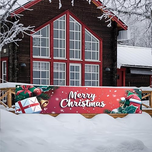 Miniatura 4 de Cartel de Navidad de 118 x 20 pulgadas, fondo rojo, cajas de regalo, campanas de acebo, sombrero de Papá Noel, decoración de pared, suministros de