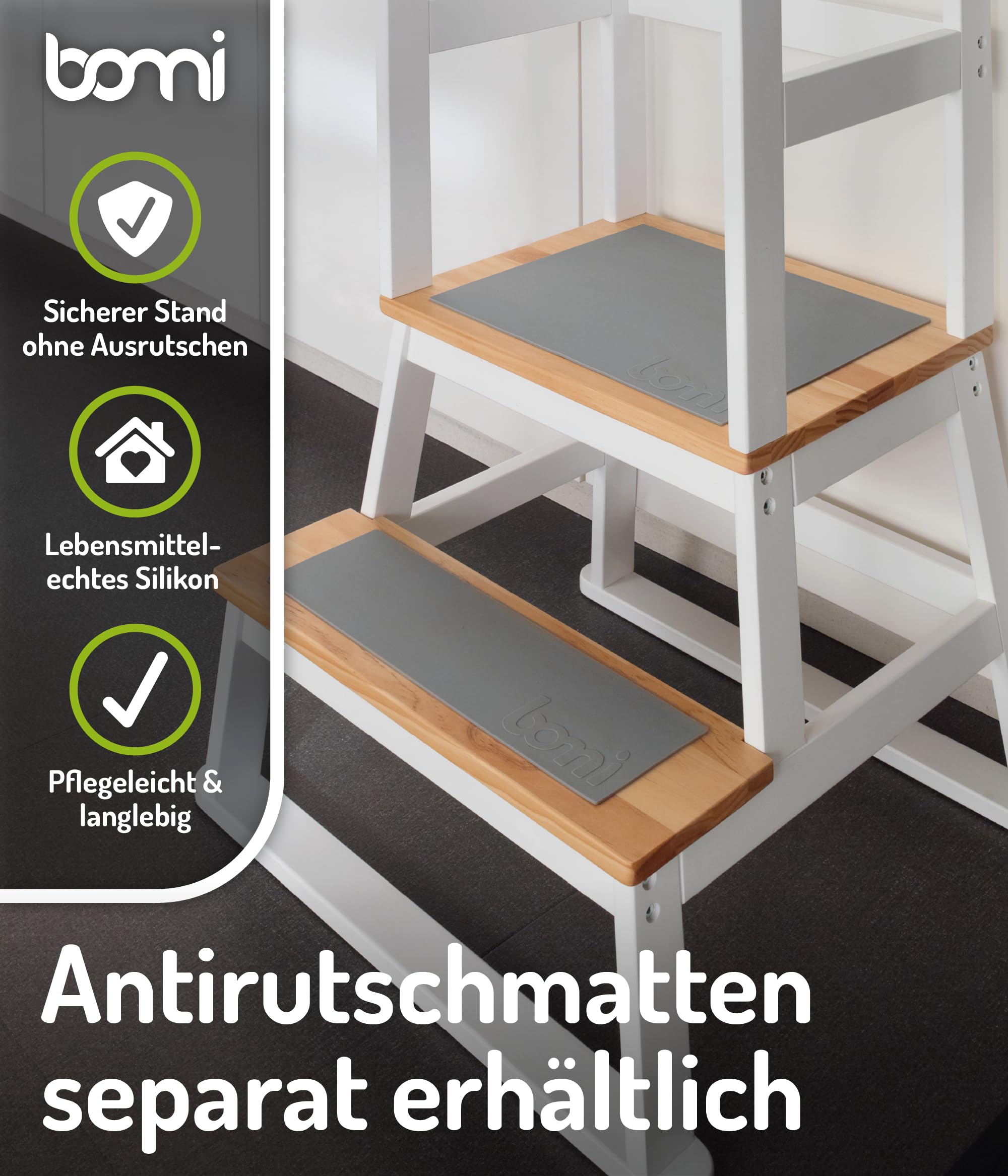 BOMI® Swubi Montessori Lernturm ab 1 Jahr | Sicherer Tritthocker Kinder 2 Stufen | Learning Tower für Kind & Baby aus Holz | Schemel, Lernstuhl als Stehhilfe, Tritthocker Holz, Kinderhocker Weiß Natur
