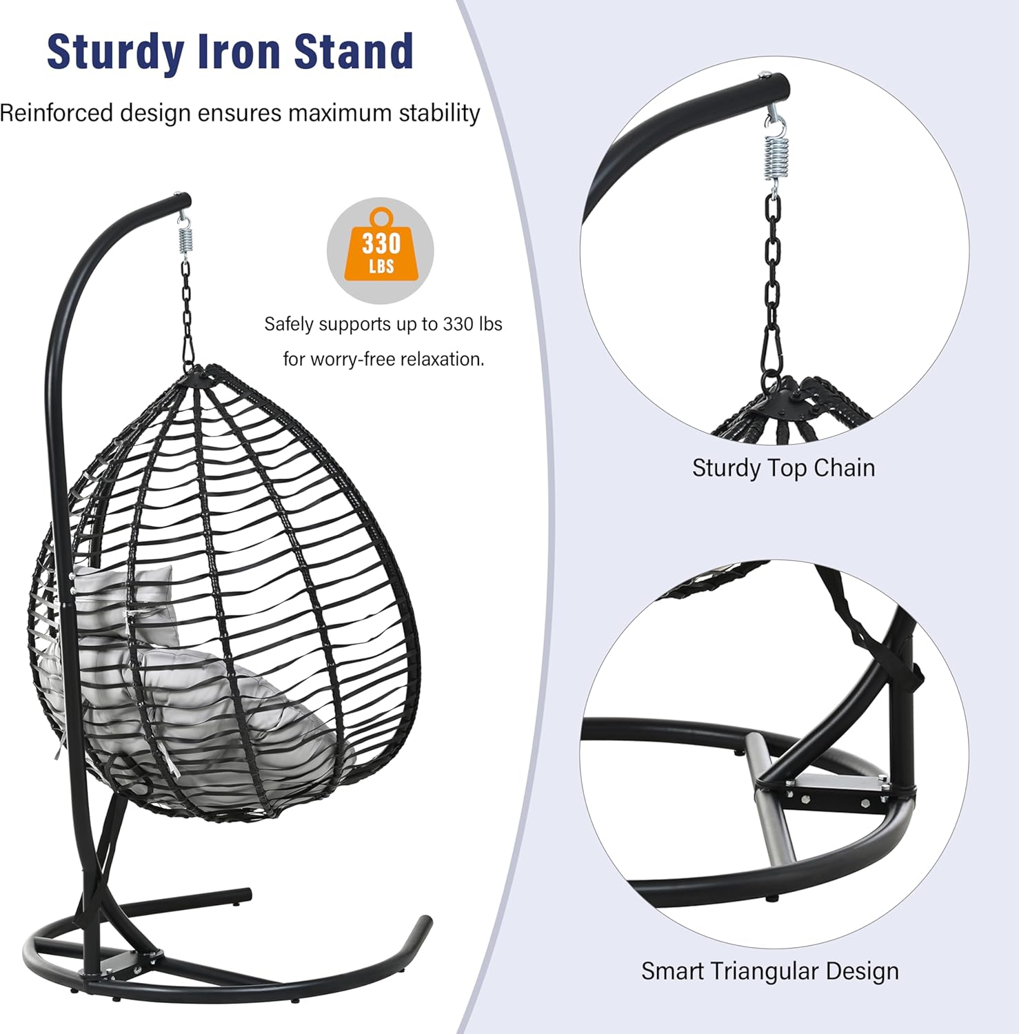 GDFStudio Hammock Chair with Stand, Rattan Wicker Hanging Egg Chair with Cushion and Headrest, Iron Frame Hammock Swing Chair for Indoor Outdoor Patio Balcony Porch Garden, 330lbs, Black+Gray