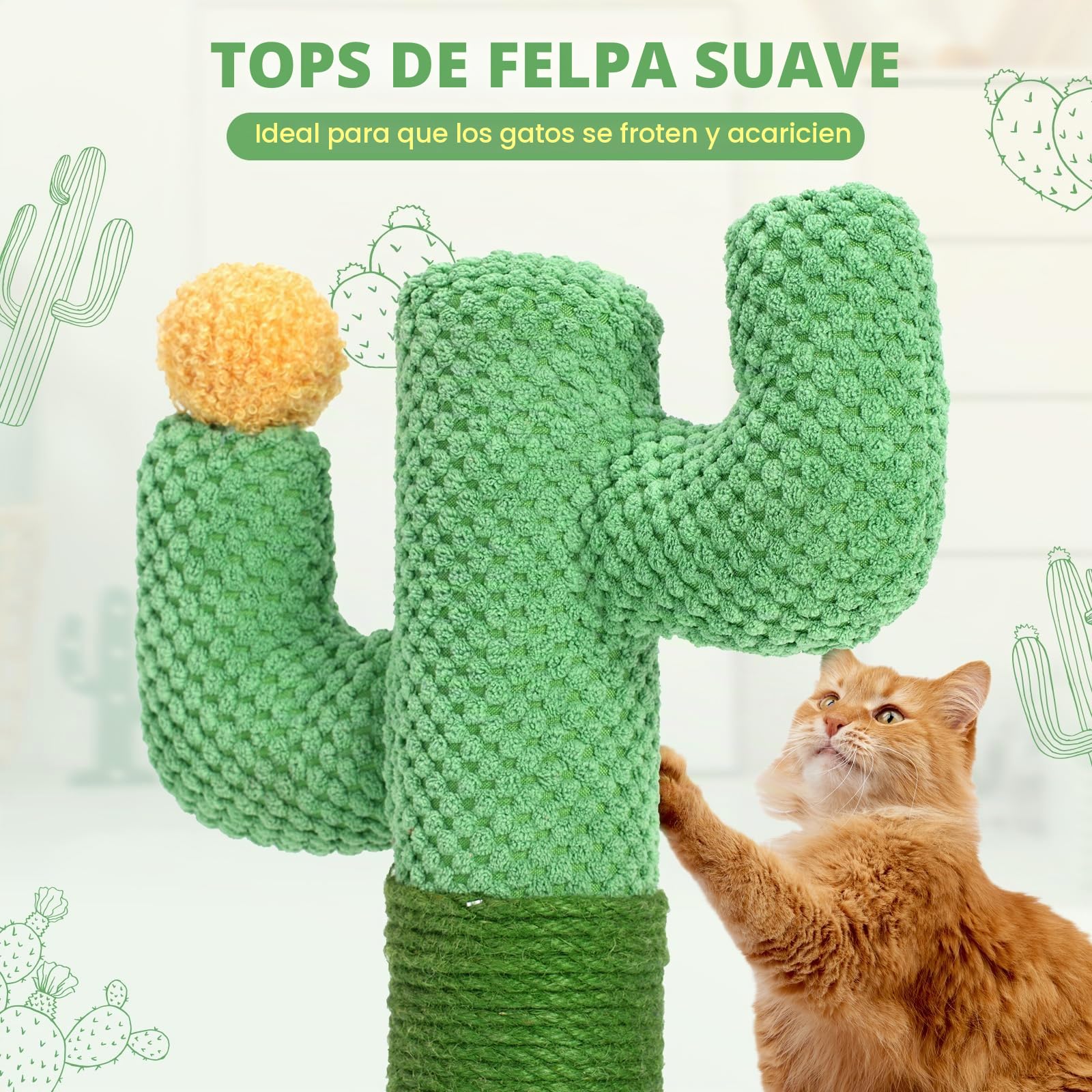 Happy & Polly Rascador para Gatos Cactus 50 cm - Poste en Cuerda de Yute Natural Con Base Estable para Gatitos y Adultos en Interiores - Verde