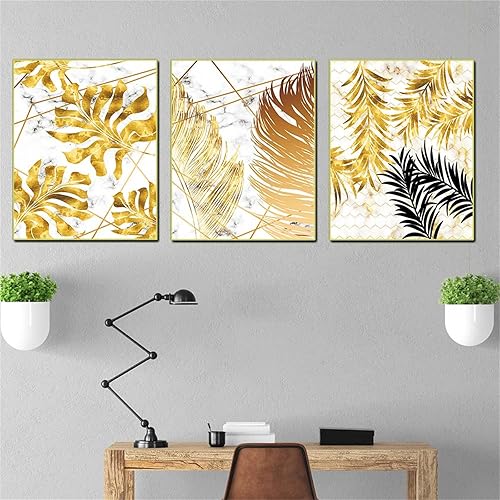 Miniatura 7 de YOWOCAL Arte de pared impreso en lienzo de hojas doradas, 16 x 20 x 3 pulgadas, póster de hojas de palmera de Monstera tropicales, decoración de