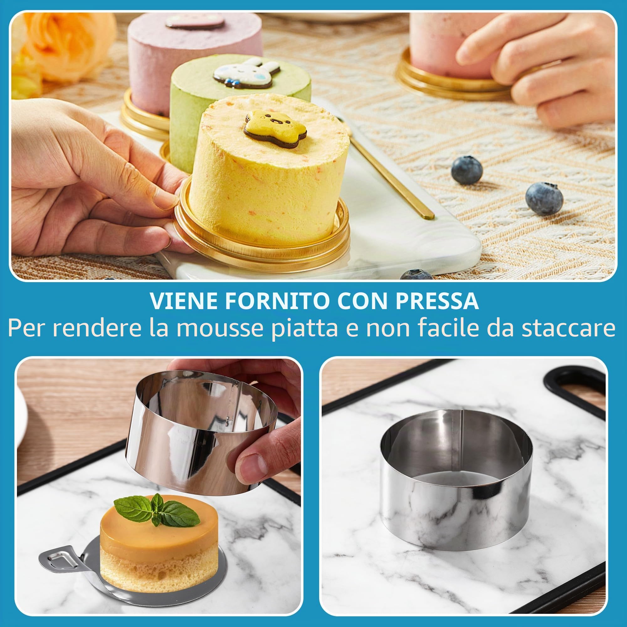 12 Pezzi Coppapasta tondi 8cm,Coppapasta in Acciaio Inossidabile con coperchio e base,Anello circolare mousse,Adatto per fare mousse e biscotti
