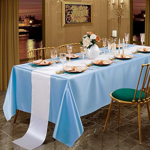Miniatura 4 de SiinvdaBZX Paquete de 4 manteles de satén azul de 108 x 54 pulgadas, manteles suaves y brillantes para mesa rectangular de 6 pies, resistente a las
