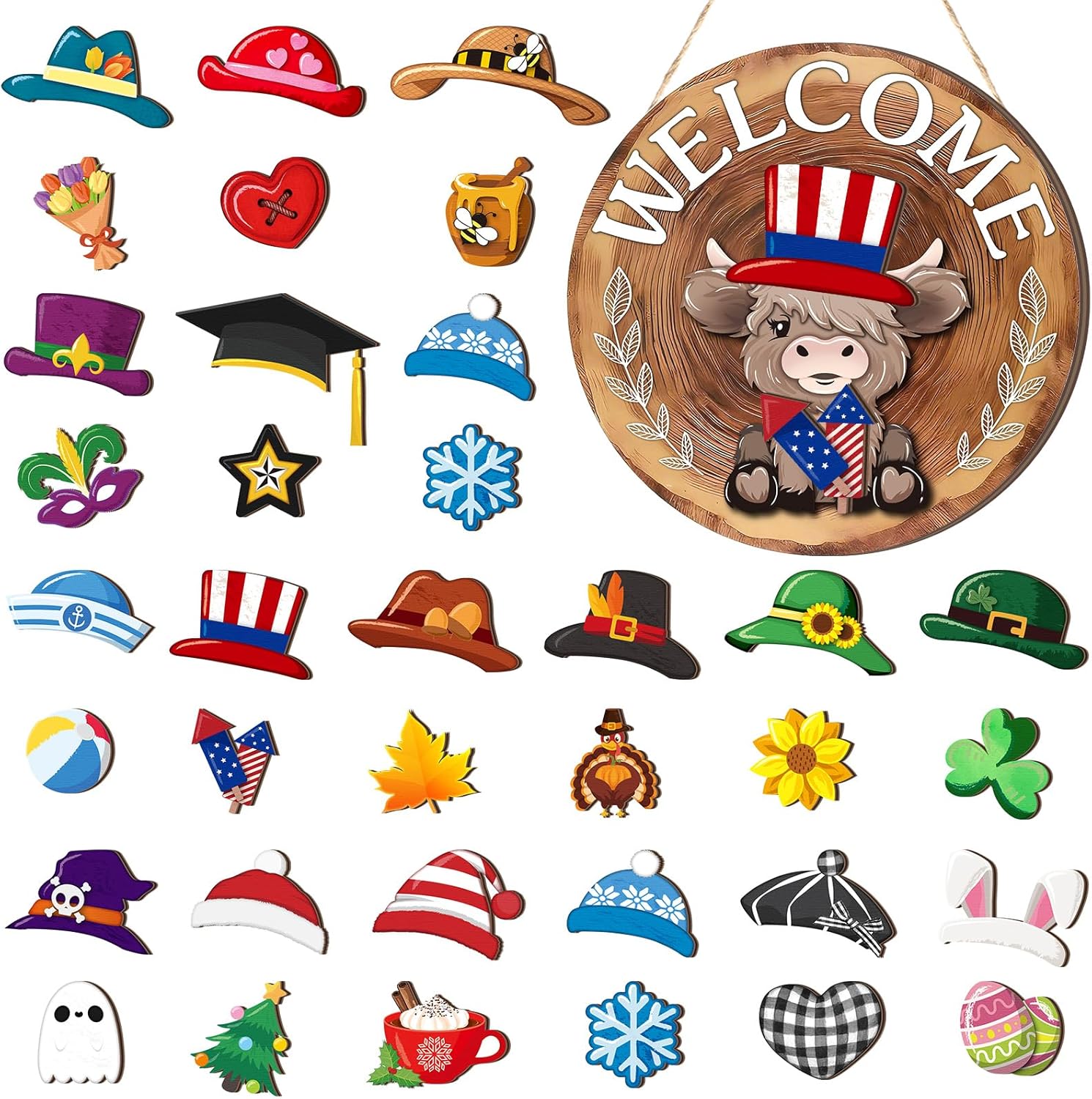35 Pcs Holiday Interchangeable Highland Cow Welcome Sign Highland Cow Seasonal Wooden Hanging Door Decor Patriotic Farmhouse Hanging Sign for Front Door Graduation Party Decoration(Red Brown)