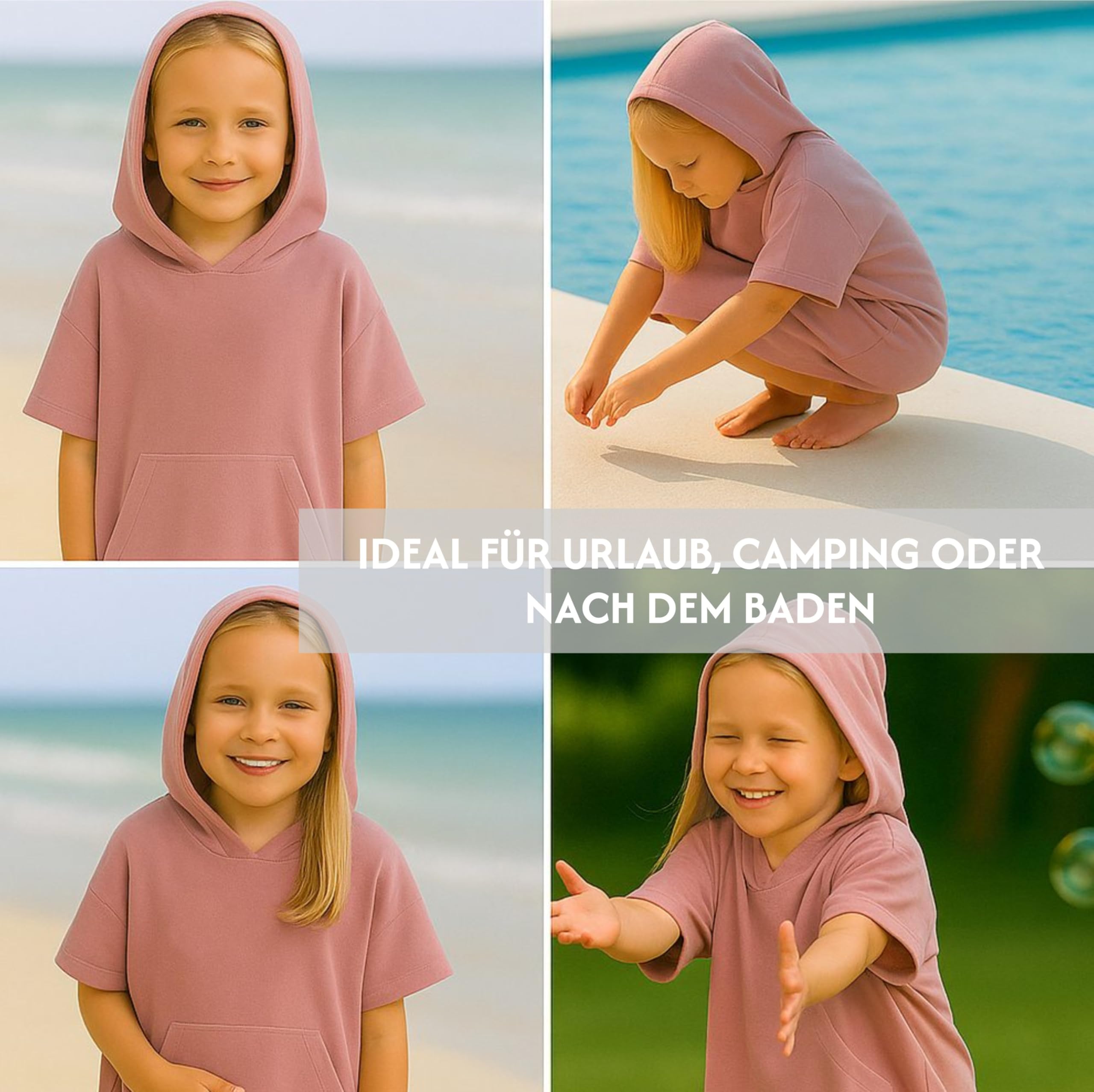 Poncho de playa para niño o niña, ligero, rosa antiguo, 10-13 años | Albornoz para niño, niña, toalla, toalla de baño, toalla ligera, con capucha, surf, playa