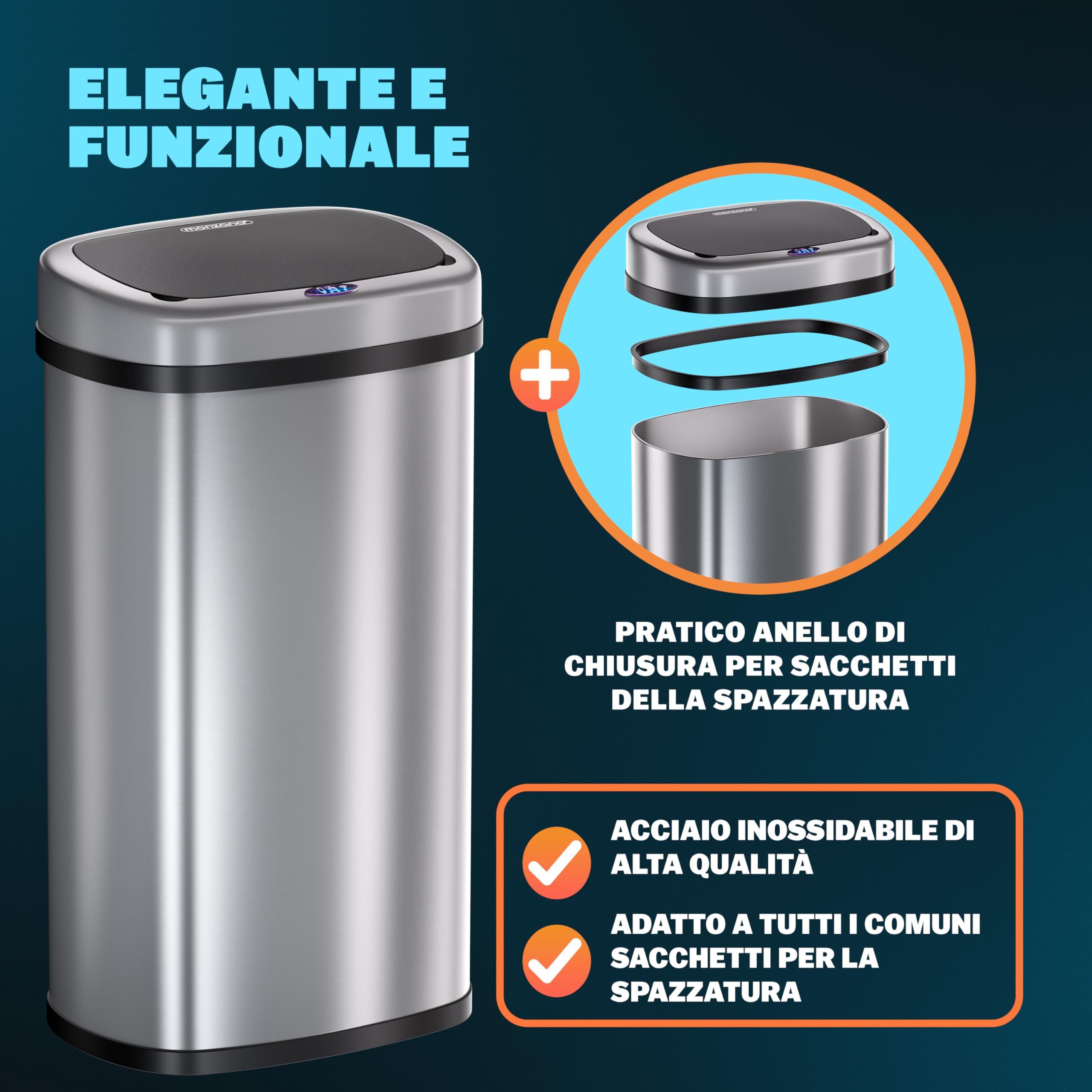 Monzana® Cestino 58L con Sensore Automatico Movimento Display LED Pattumiera Rifiuti Smart Bidone Intelligente Cavo USB