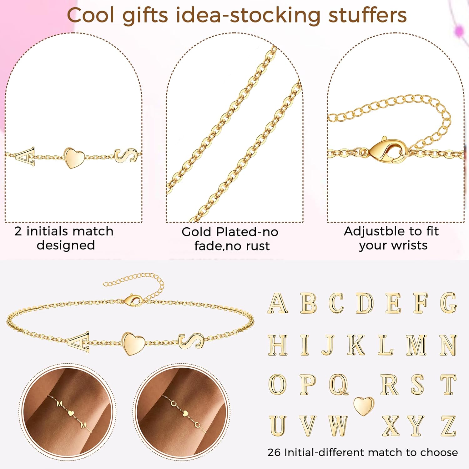 Gold Initial Bracelets for Women - Initial Bracelet Valentines Day Gifts for Her Teens Mothers Day Gifts for Mom Grandma Best Friend Birthday Gift for Women with 2 Initials Link Bracelet for Girlfriend Daughter - Image 6