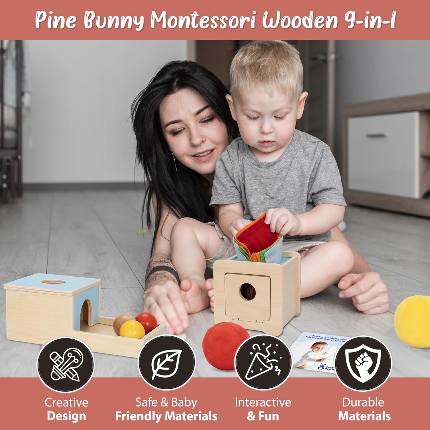 Montessori Wooden 10-in-1 Toy Set for 7+ Months, Object Permanence Box, Egg and Cup, Tissue Box, Fabric Blocks, Scarf, Educational Learning Sensory Development Fine Motor Skills Baby Toys