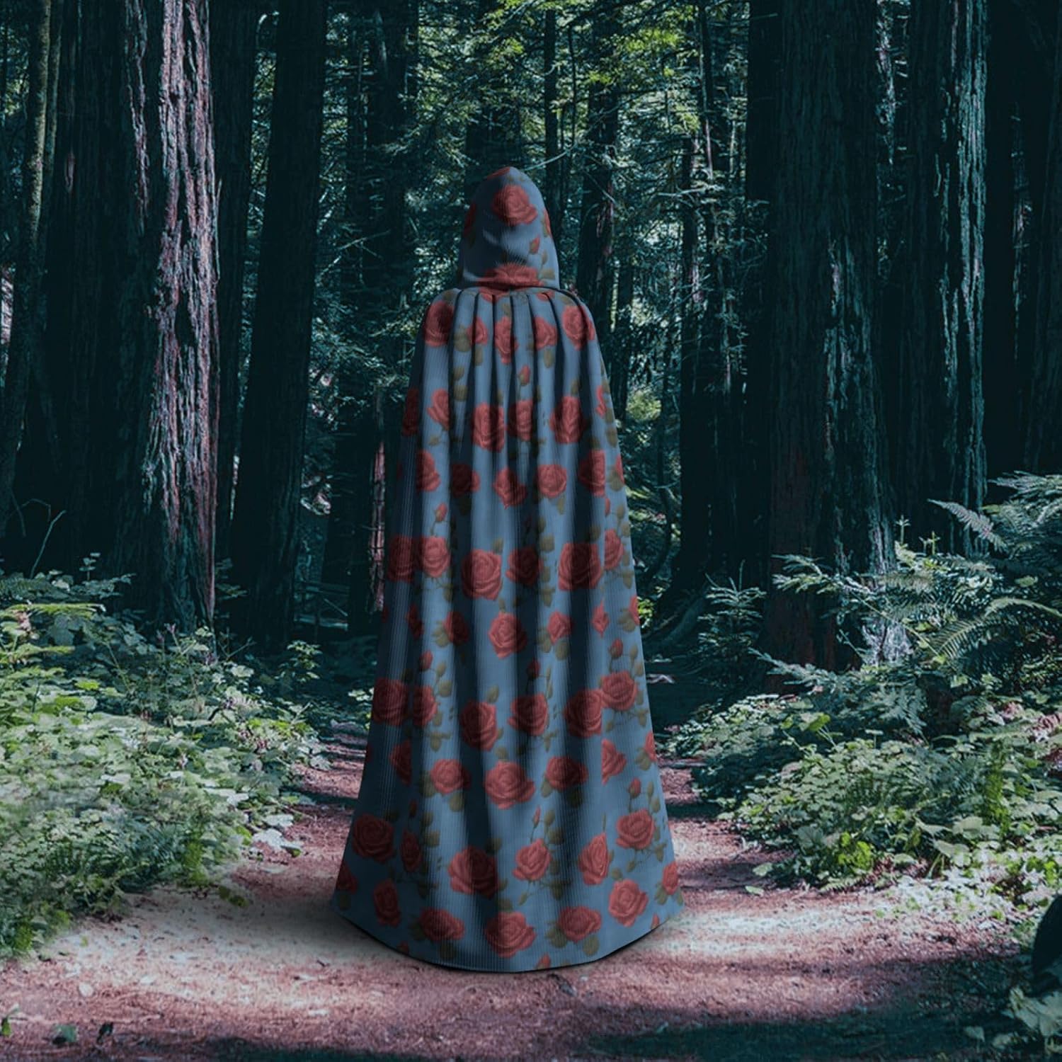 Unisex Full Length Hooded Halloween Christmas Party Robe Cloak Cape Cosplay Costume Men Women Blue Background with Pink Roses Prints