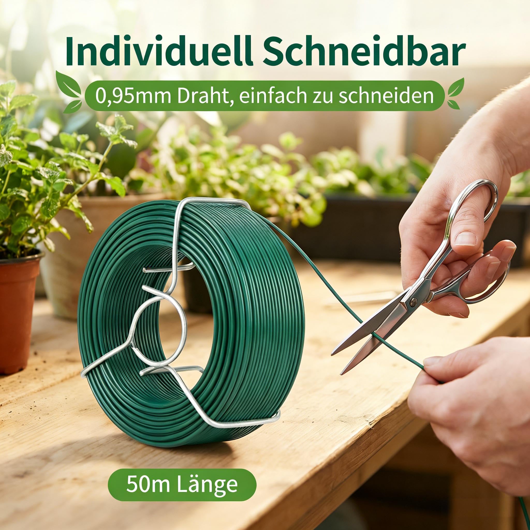 Amagabeli Alambre de Hierro Plastificado Ø0.95mm x 50m, 6 Rollos de Cable Revestido para Jardín y Cercados, Inoxidable de PVC Verde
