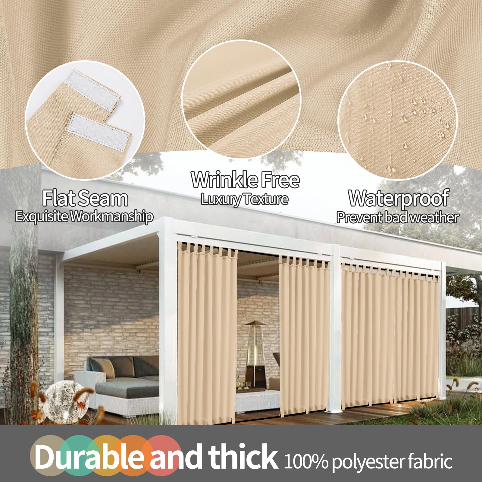 Teruntrue 2 Pezzi Tenda da Esterno Impermeabile con Cerniere in, Tende da Balcone e Terrazza, Protezione Solare e Privacy, con Occhielli Inferiori, H260 x B155 cm, Beige