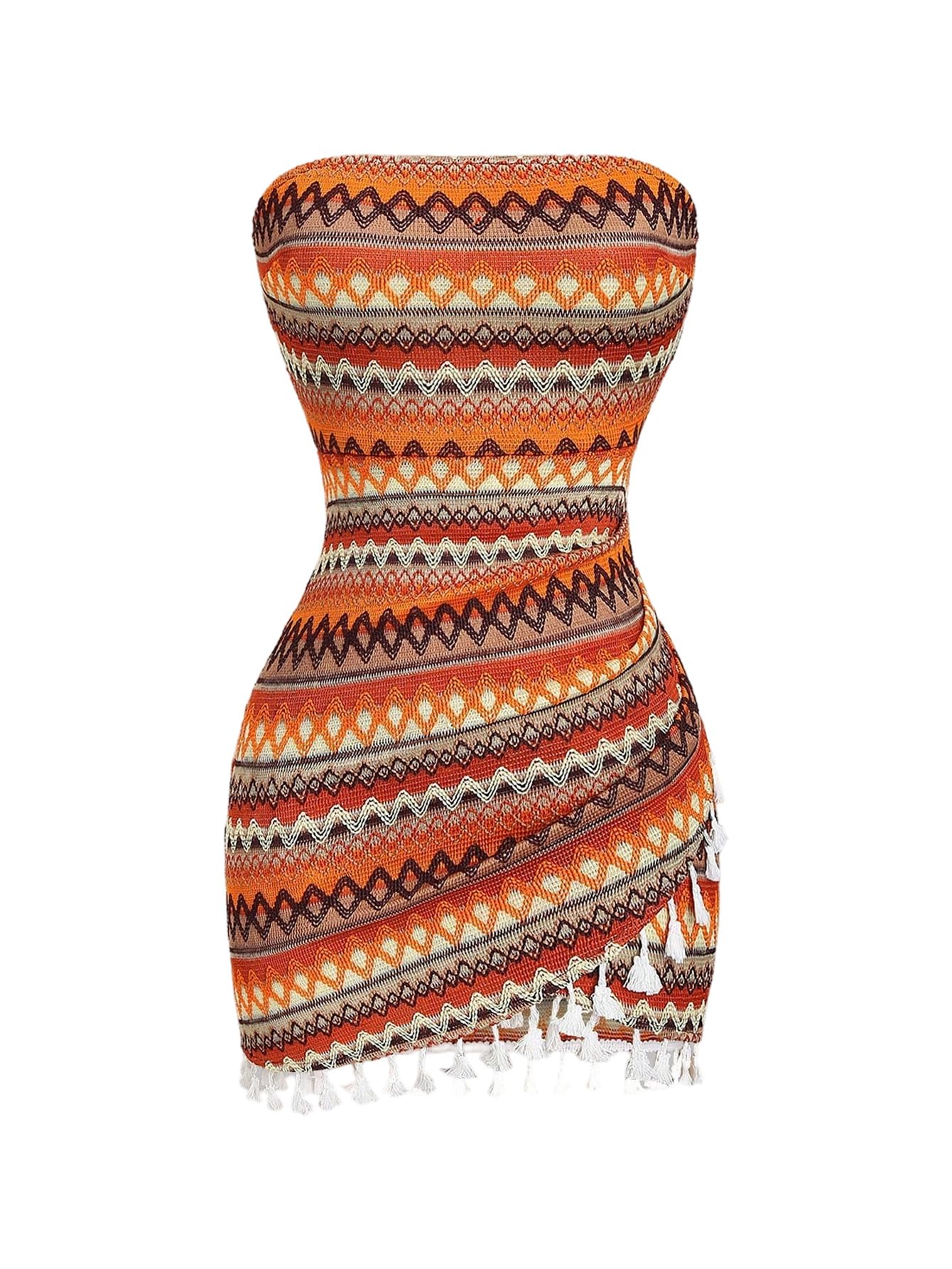 Women's Boho Tassel Wrap Tube Mini Dress Sleeveless Open Back Knitted Bodycon Dresses