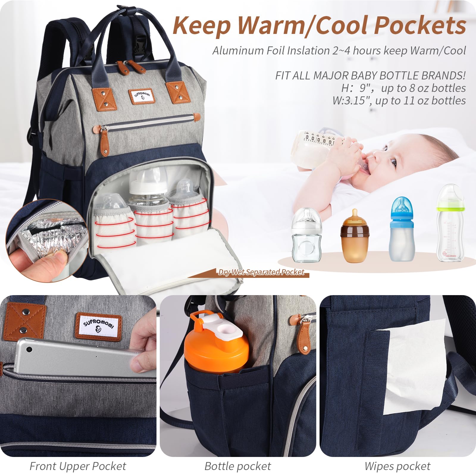 Mochila para pañales: bolsa grande para pañales para mamá, mochila de pañales para hombre, bolsa de hombro para mujer, bolsa de pañales para mamá y papá, azul y gris, Negro Gris, XL, Mochila