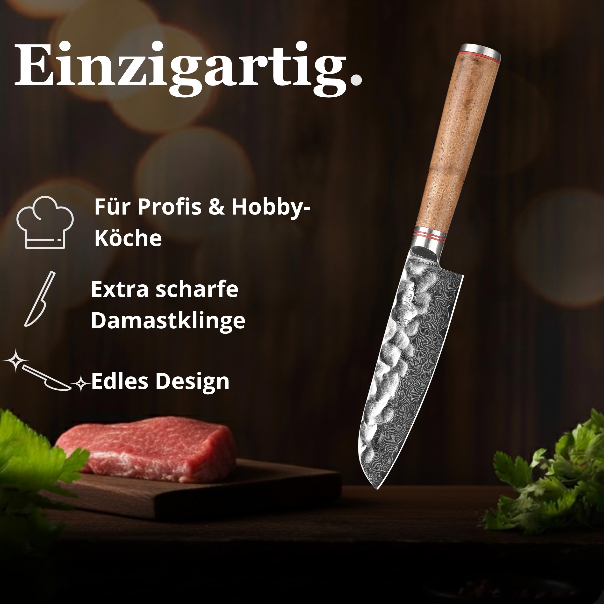 Wakoli Nussbaum Santoku mit 12 cm Klinge, 67 Lagen Damaststahl, VG10 Kern