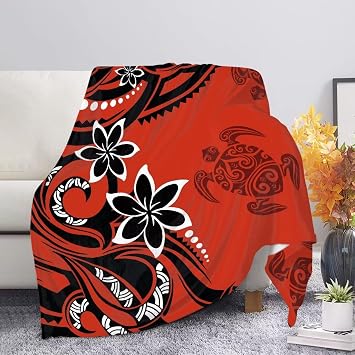 AmzPrint Polynesian Tribal Print Red Casual Hawaiian Blanket Samoan Island Throw Blanket Soft Fluffy Warm Plush Flannel Luxury Fuzzy Blankets for Home Room Decor Throw Blanket for Couch Sofa Bed