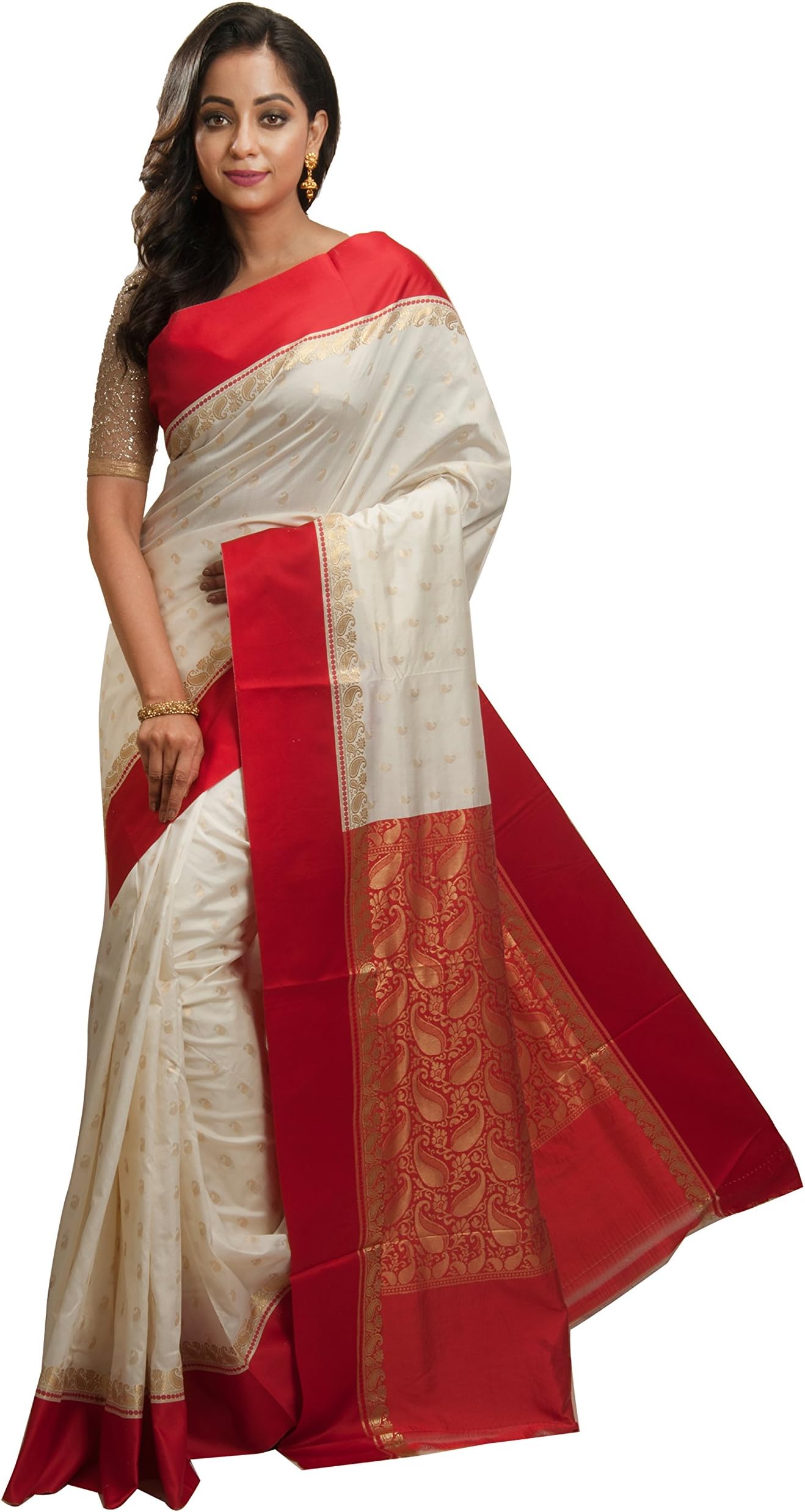 Avik Creations Women's Kanchipuram Art Silk Saree With Running Blouse (AC-706_Red & Off-White)