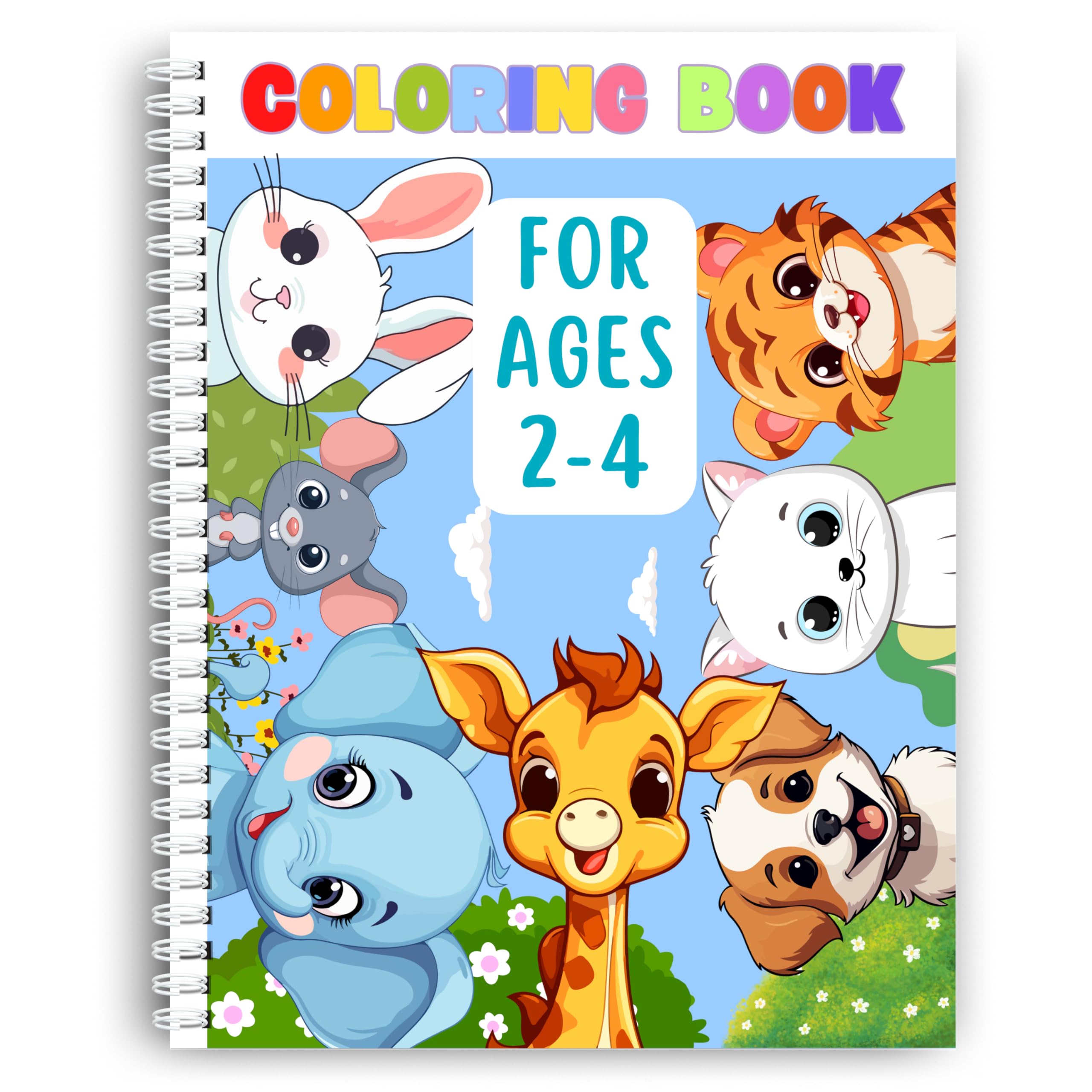 Toddle Coloring Pages for Ages 2-4. Enjoy fun and easy coloring pages featuring cheerful animals. Can be your baby's first coloring adventure. Spiral Bound, Thick 199 GSM Paper, Size 8.5x11 In Easy to color!