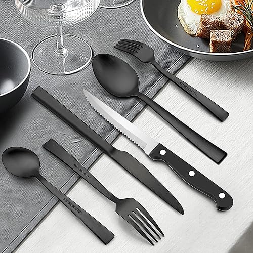 Miniatura 5 de LIANYU Juego de cubiertos de 48 piezas color negro mate con cuchillos para carne, cubiertos de acero inoxidable para 8, utensilios cuadrados
