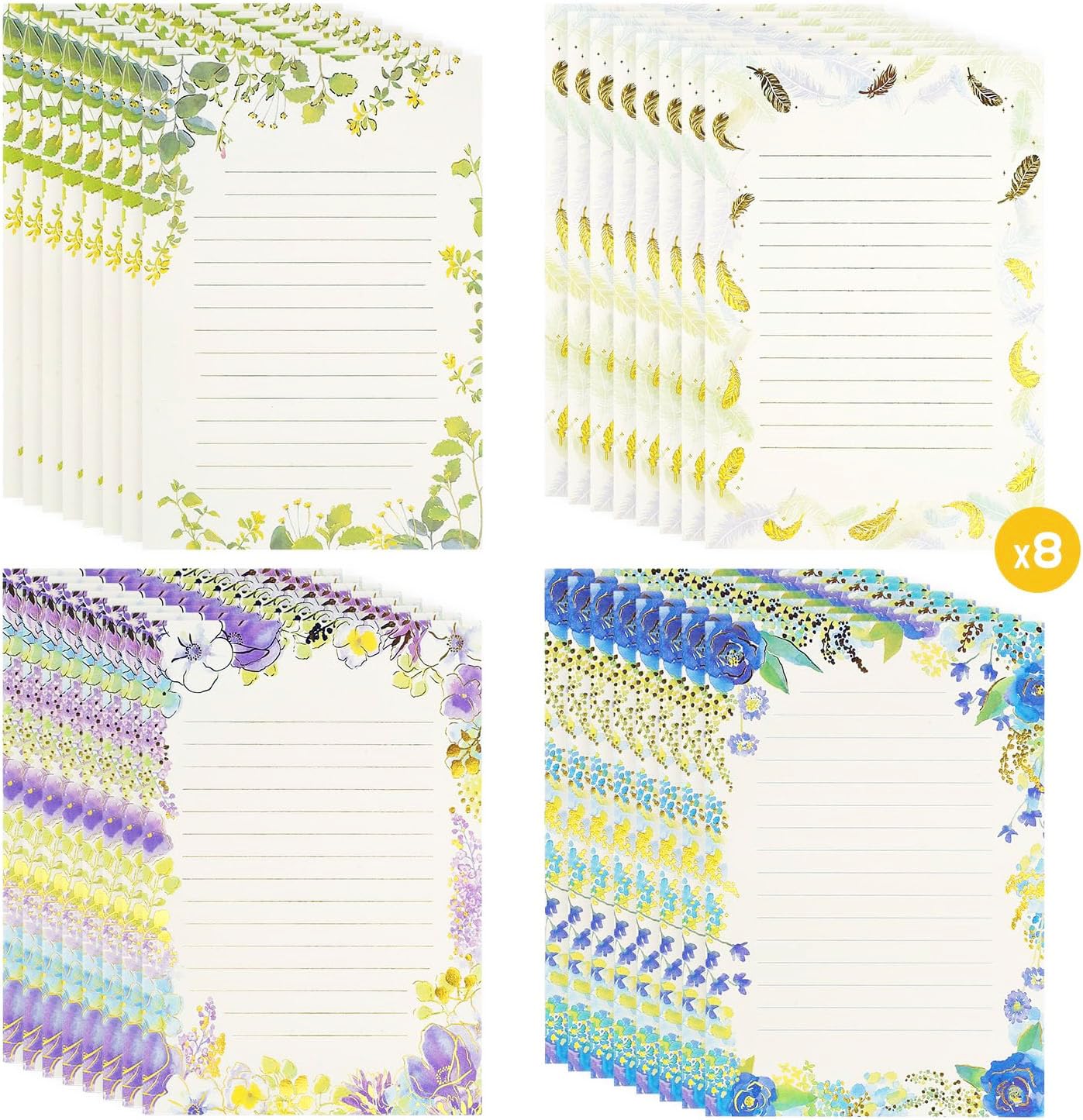 Briefpapier-Set mit 64 Blatt – A5, niedlich, farbige Goldfolie, Stempel, ausgefallenes liniertes Schreibpapier, zum Schreiben von Briefen, Sammelalben, Gedichten, Basteln, Hochzeitseinladungen,