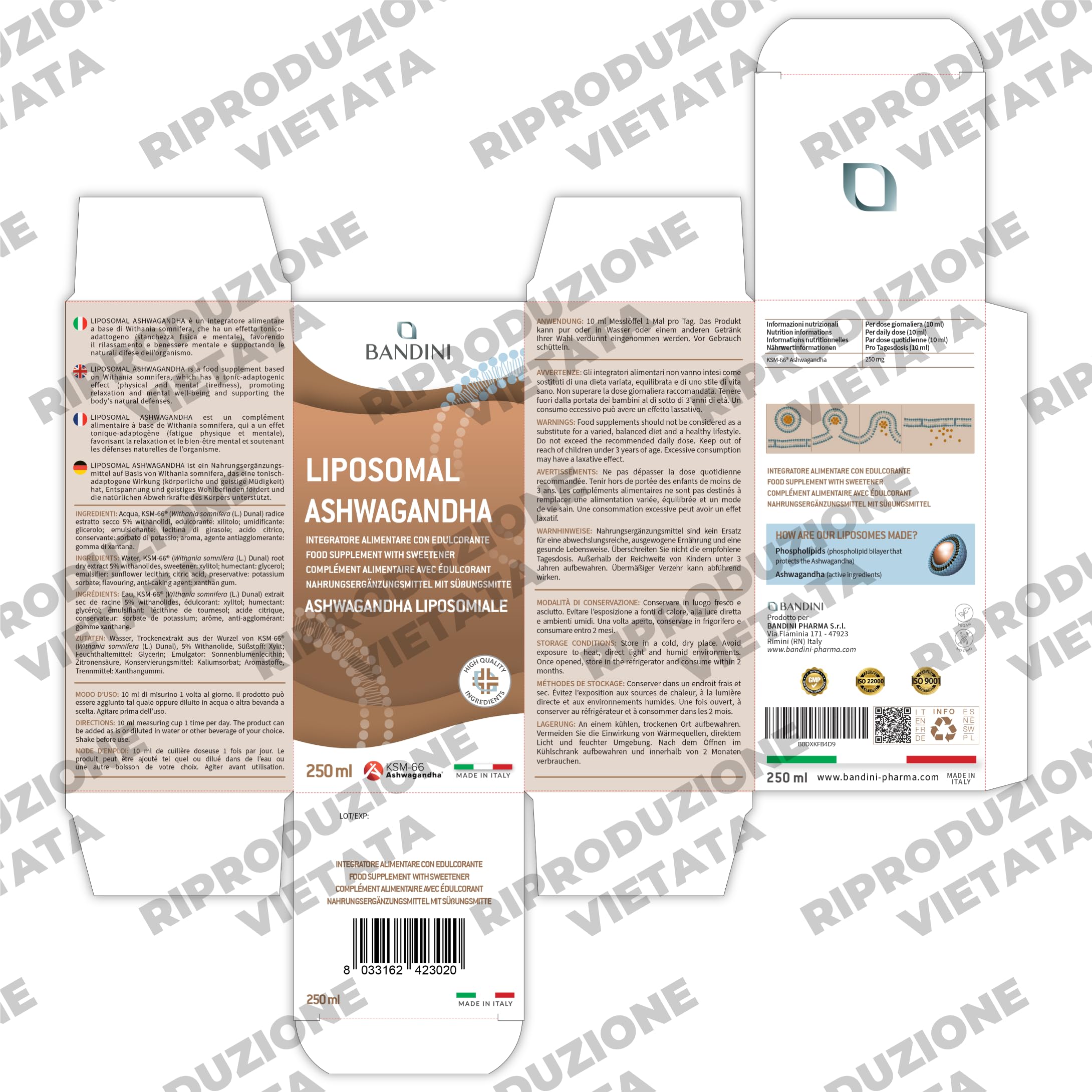 Bandini® Ashwagandha Liposomiale Liquida, Withania Somnifera con il 5% di Withanolidi - Alta Biodisponibilità ed Alto Assorbimento – Effetto Tonico-Adattogeno per Mente e Corpo – Flacone da 250 ml