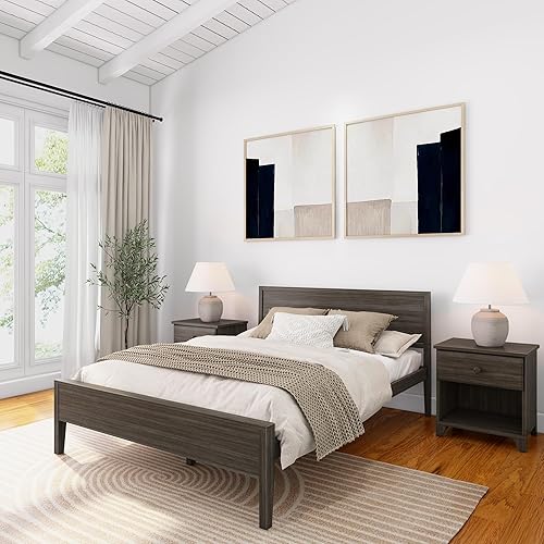 PlankBeam Base de cama Queen de madera maciza con cabecera de panel cama moderna de plataforma Queen con soporte de listones de madera no necesita