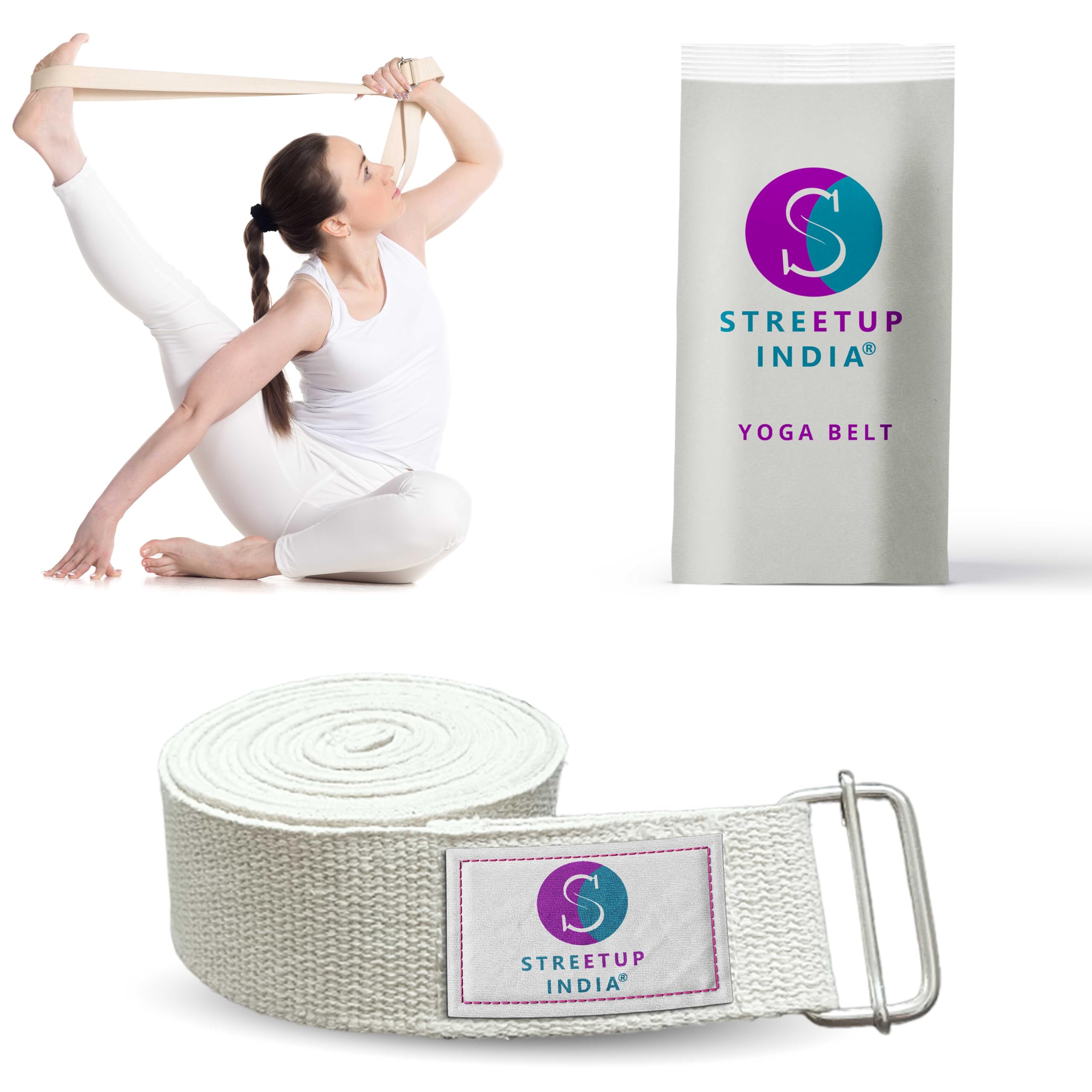 Streetup India® Yoga Belt/Strap 9 Feet For Stretching, Yoga, Pilates, Physical Therapy, Fitness| Pure Cotton White