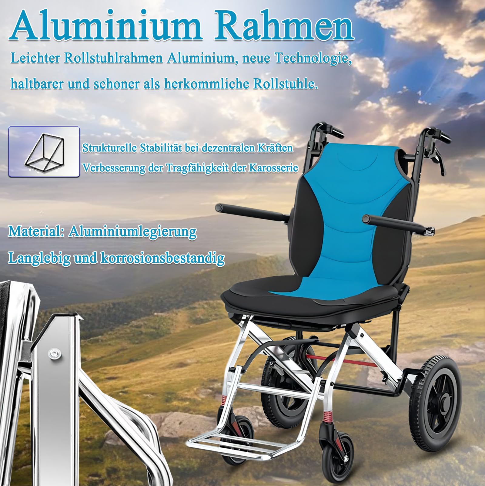 rollstuhl faltbar leicht, Transportrollstühle Faltbar Leicht für Erwachsene, Reise-Rollstuhl, Aluminium, Tragbarer Leichtgewicht Transit rollatoren für senioren, Tragfähigkeit 150KG
