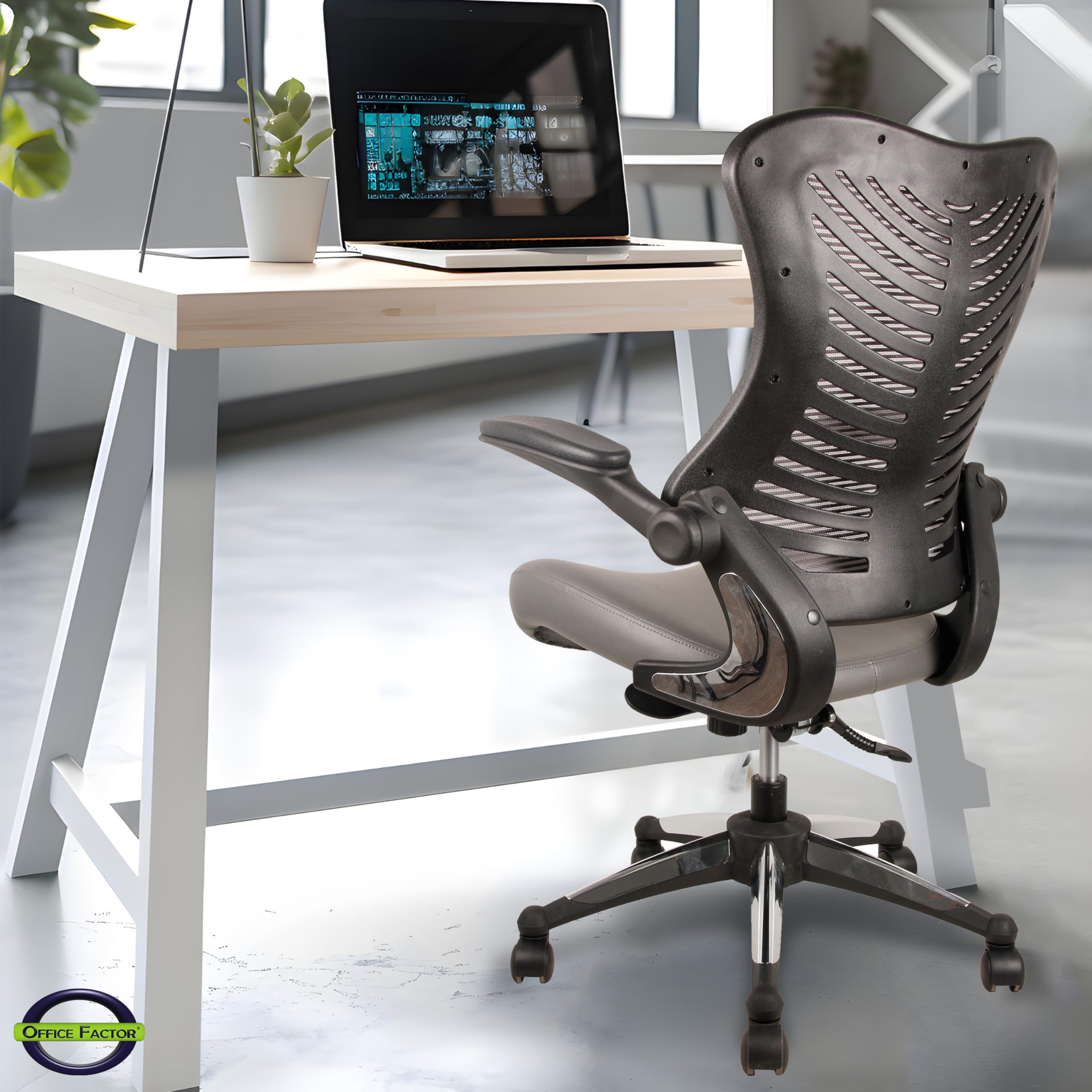 OfficeFactor Executive Ergonomic Computer Office Chair Back Mesh Bonded Leather Seat Flip-up Arms Lumbar Support Molded Foam Seat — view 2