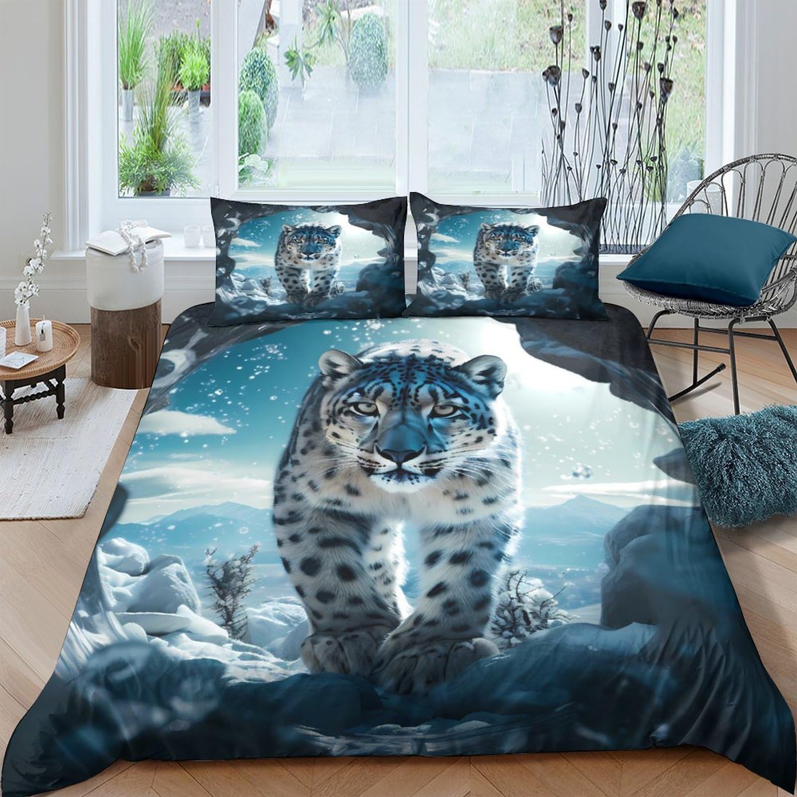 Ctjqhvkz Style-1 3D Printed Snow Leopard Fitted Sheet Microfiber Soft Blue Sky Art Mattress Cover Bedroom Dorm Decor, Anti-Slip Washable Single（135X200cm）