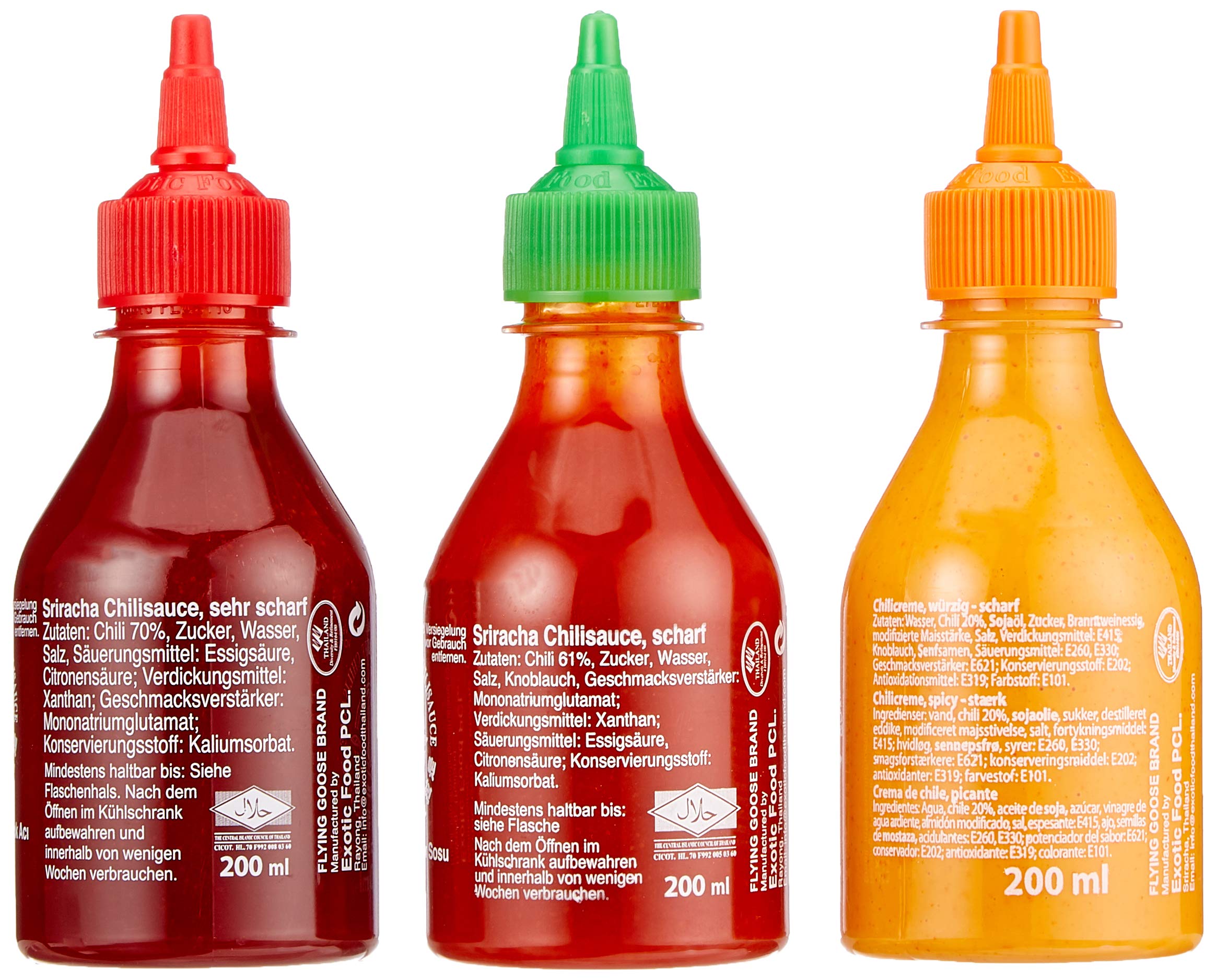 FLYING GOOSE Sriracha scharfe Chilisaucen Mischkarton (in 3 Geschmacksrichtungen, Würzsauce aus Thailand) 12er Pack à 200 ml (5 x scharf , 4 x sehr scharf , 3x Mayoo)