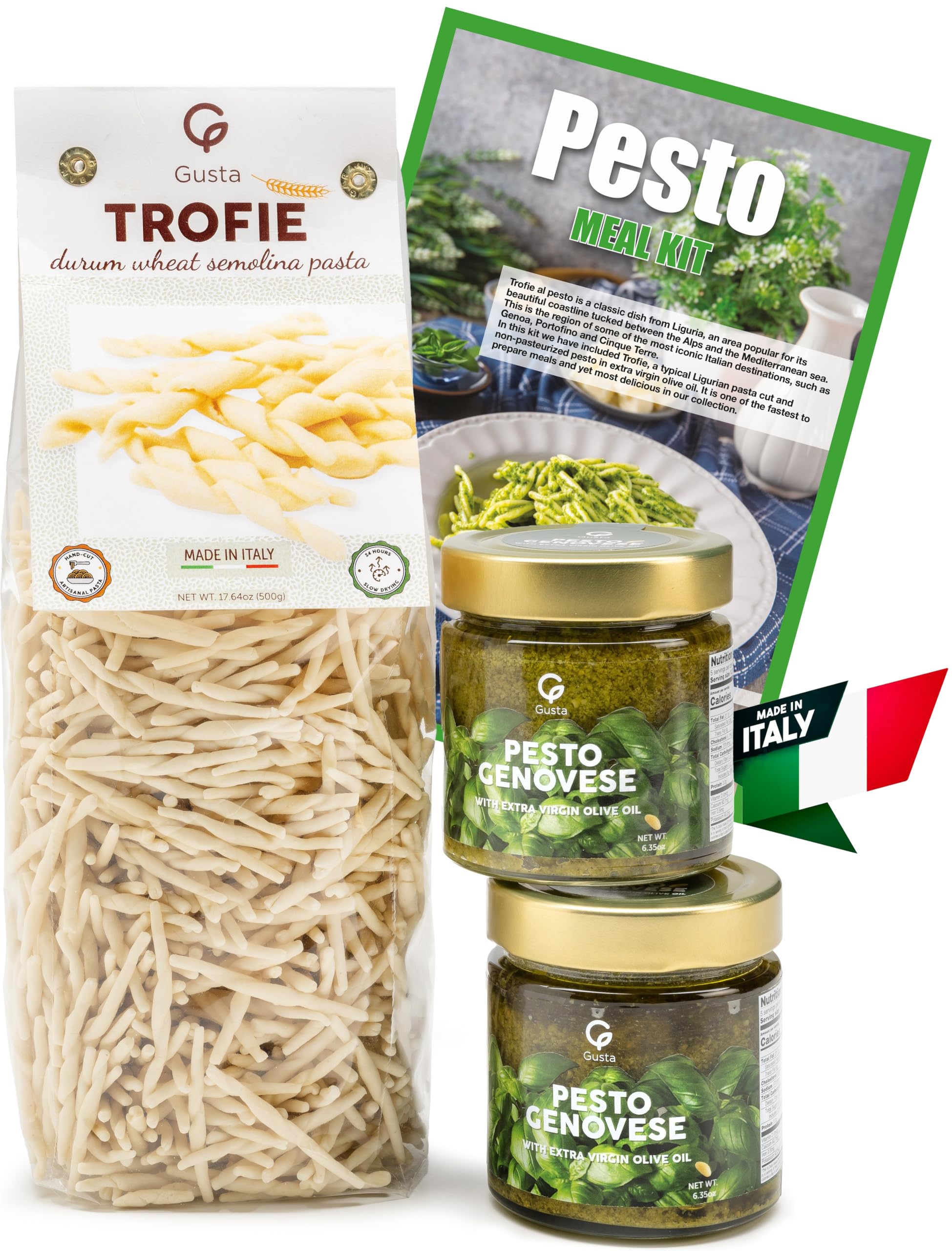 Gusta Trofie al Pesto Pasta Meal Kit - Made in Italy - Gourmet Italian Food Lovers - Italian Gift Basket Gourmet Pasta - Authentic Italian Recipe - Makes 5 Meals with Recipe Booklet