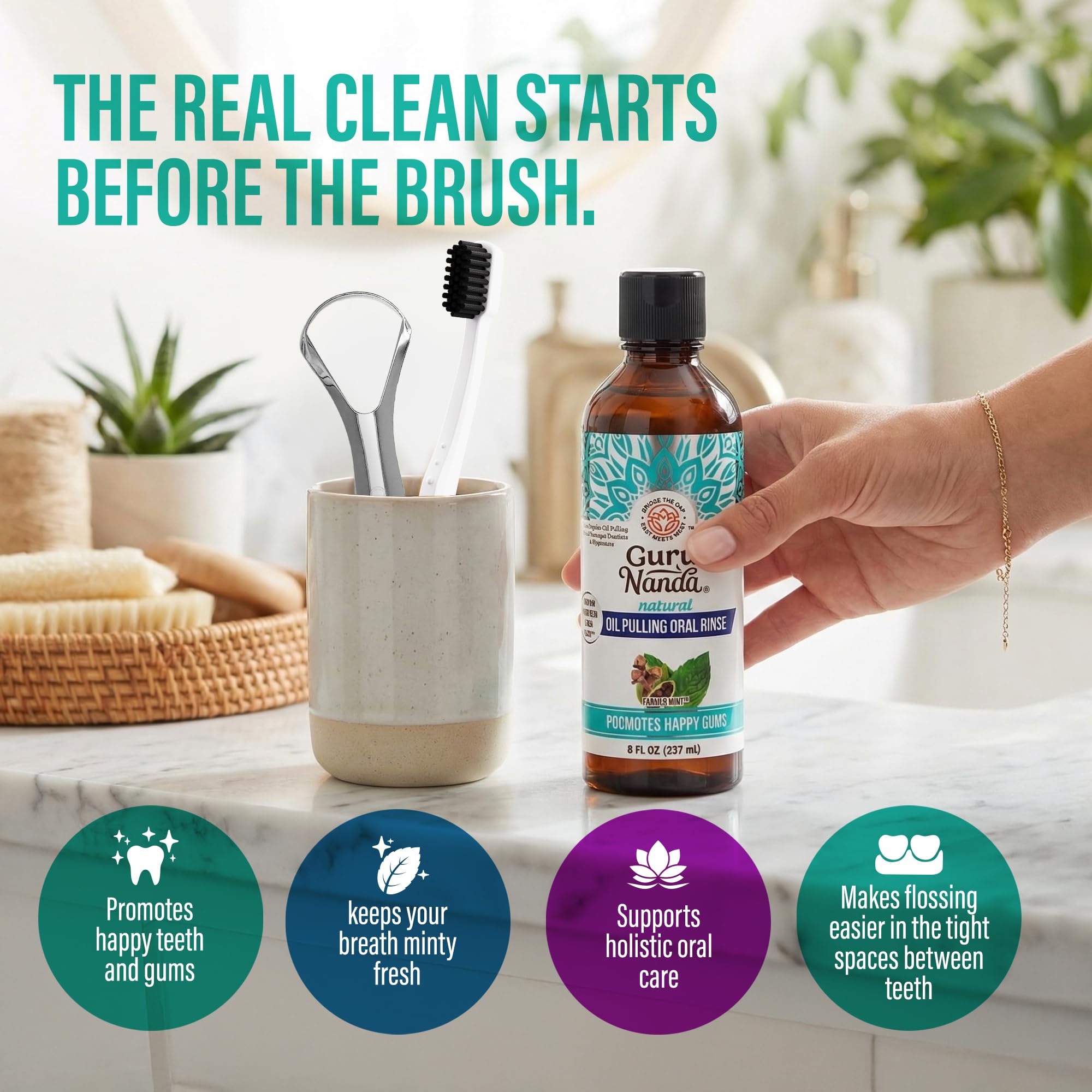 GuruNanda CocoMint Oil Pulling Mouthwash for Complete Oral Hygiene, 7 Essential Oils & Vitamins for Happy Teeth & Gums & Fresh Breath , Alcohol-Free, 8 oz: 8 Fl Oz (Pack of 1) 1 Pack