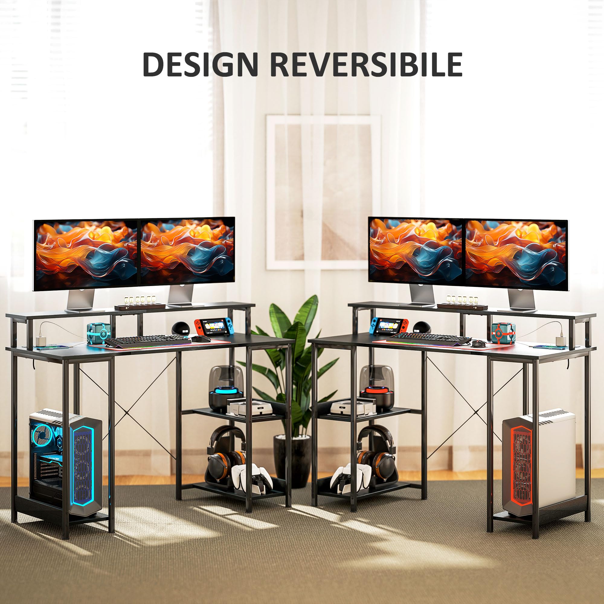HOMCOM Scrivania per Computer Reversibile Ripiani, 120x50 cm Scrivania da Ufficio con Prese Elettriche e Luci LED, Tavolo Porta PC da Studio con Doppio Supporto per Monitor, Nero