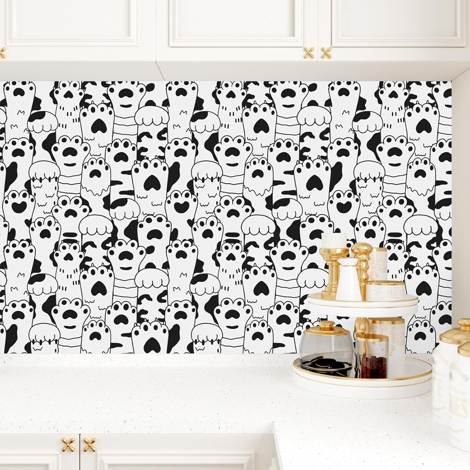Peel and Stick Wallpaper Black and White Contact Paper Cat Paw Print Stickers Self Adhesive Removable Modern Cat Wallpaper for Nursery Kids Room Cabinet Desk Shelf Liner Vinyl Roll 17.5"x102"