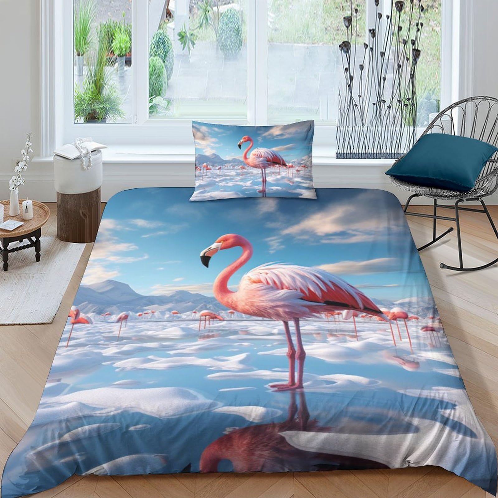 Flamingo Duvet Set Bedding, 2 Piece Set Duvet Cover Easy Care, Quilt Cover Pillow Cases with Zipper Closure Soft Microfiber Single（135x200cm）