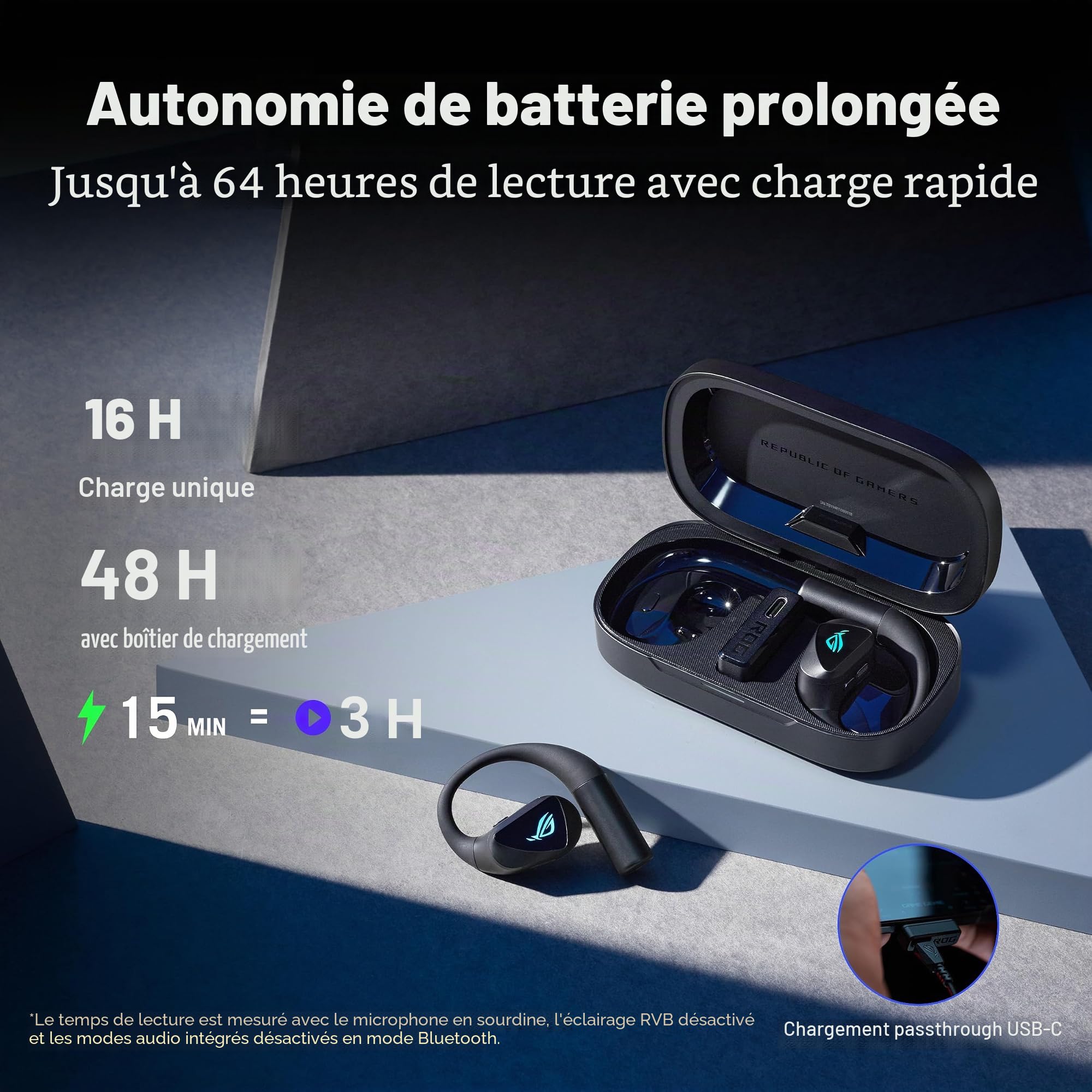 ASUS - ROG Cetra Open Wireless - Écouteurs Gaming sans-Fil, Haut-parleurs avec revêtement DLC, Modes Audio personnalisés, Quatre micros à réduction de Bruit par IA, 16 Heures d'autonomie,