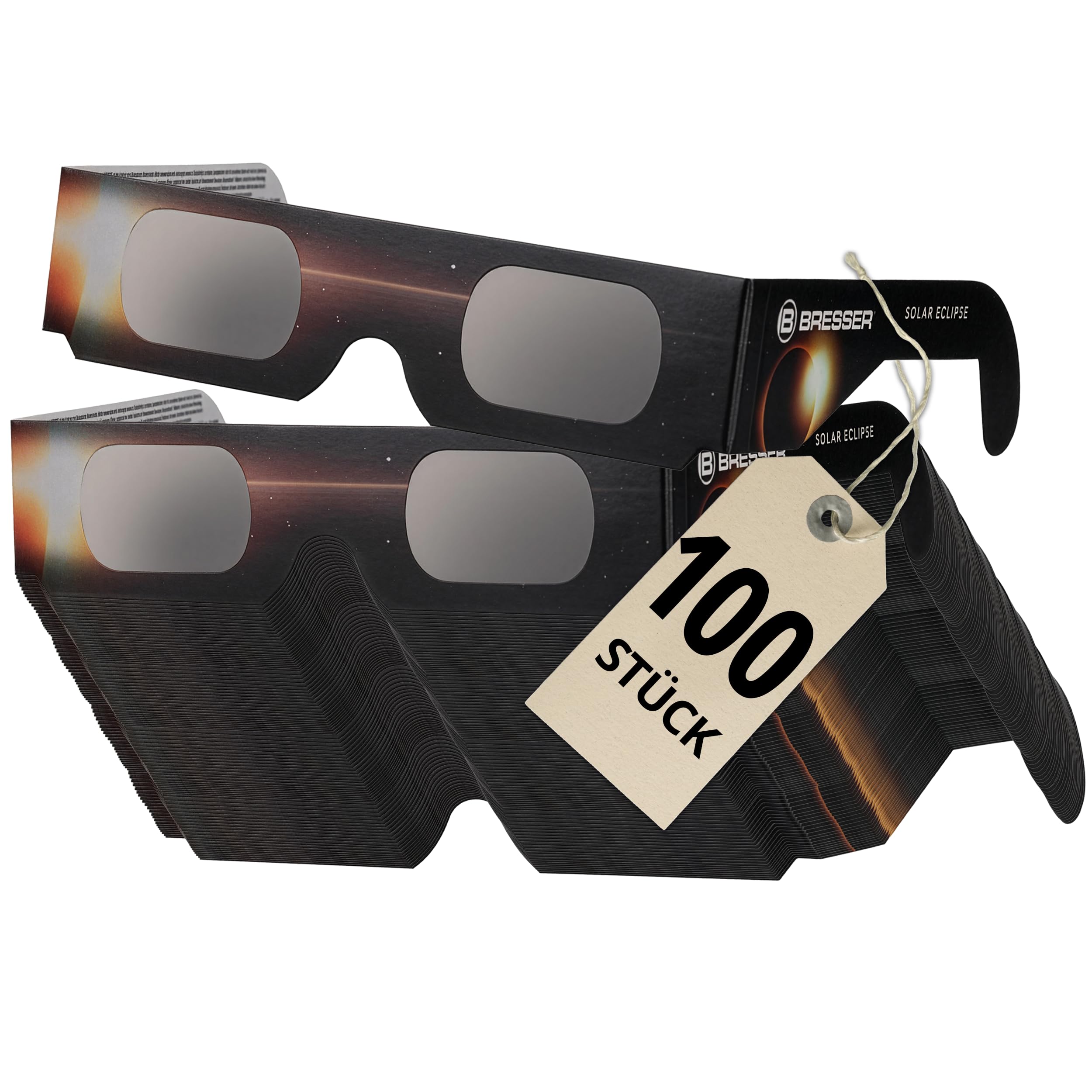 Bresser Sonnenfinsternis Brille CE-zertifiziert ISO 12312-2 100 Stück | Absolut sicher, bereit für die Sonnenfinsternis 2026, 2027, 2028, hellgelbes Sonnenbild, UV und IR Schutz, Made in USA