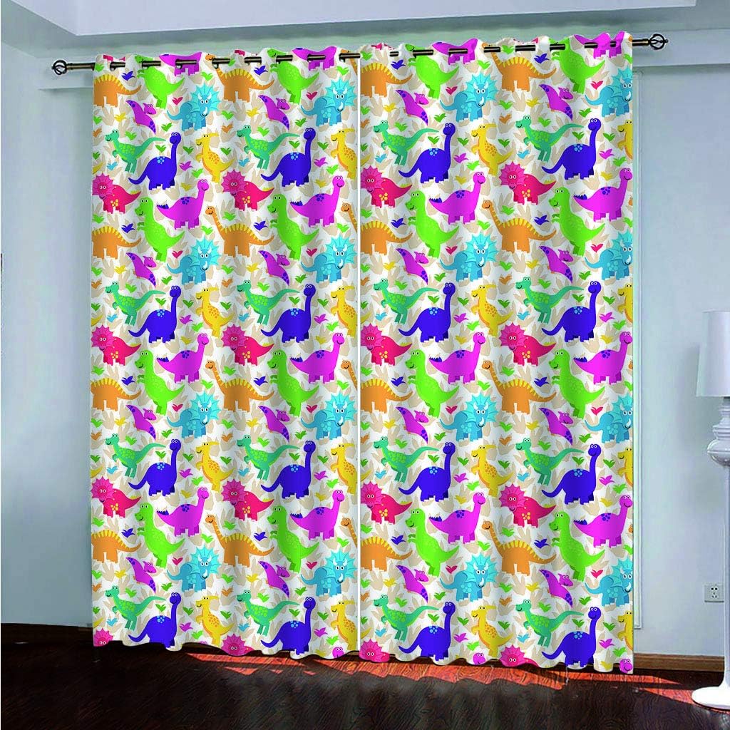 Blackout Eyelet Curtains Cartoon Dinosaur Print Pattern Eyelet Blackout Thermal Insulated & Room Darkening Window Drapes For Bedroom 180x210cm