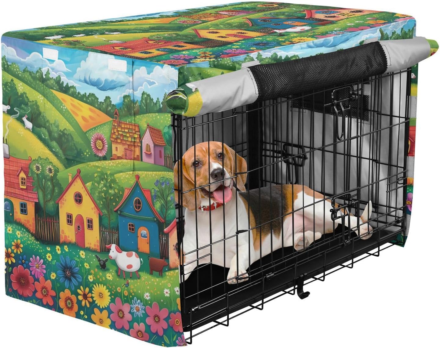 Whimsical Farm Scene Dog Crate Covers S-XL Washable Pet Cage Cover with Openings, Reduces Barking, X-Large
