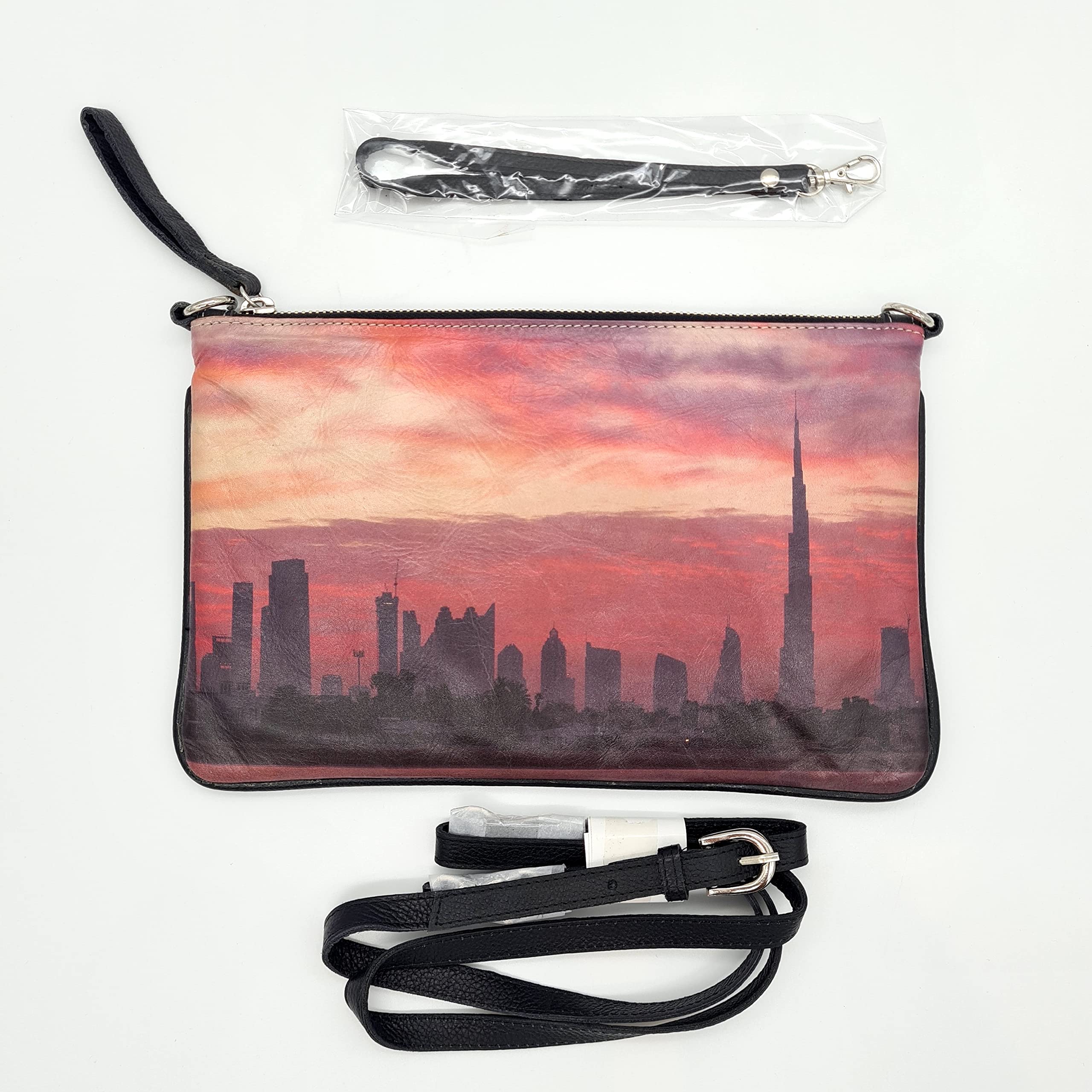 Studio Manhattan Art+DesignStudio Manhattan Art+Design Crossbody Purse Dubai Skyline Crossbody Bag for Women Genuine Leather Strap Shoulder Bag Purse Trendy Design Camera Crossbody Purse Top Zip