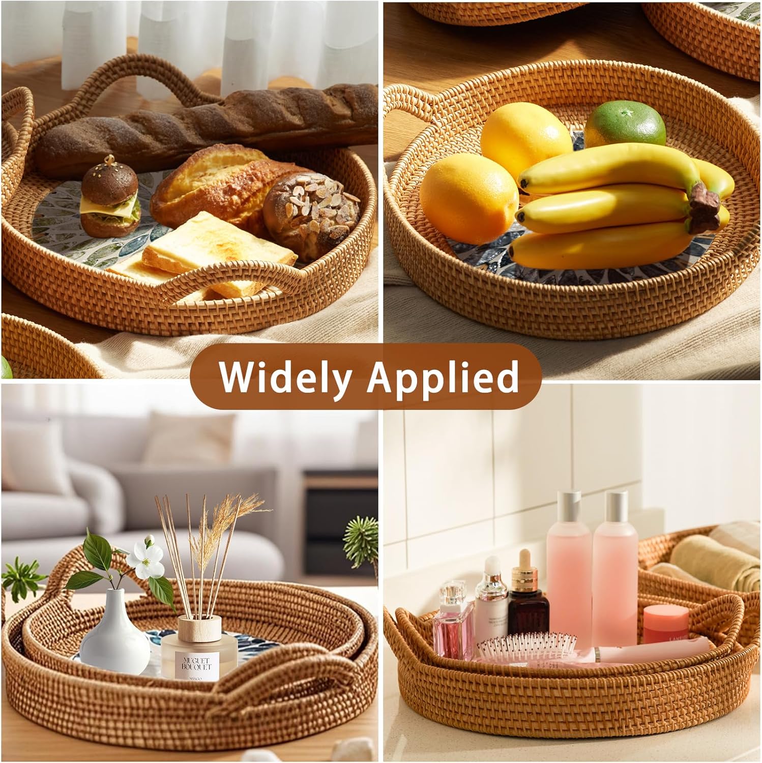 Round Rattan Tray Set (3-Piece) with Mother of Pearl Inlay & Wooden Base | Decorative Wicker Serving Basket | Storage for Coffee, Bread, Fruit | Table, Kitchen Island Decor