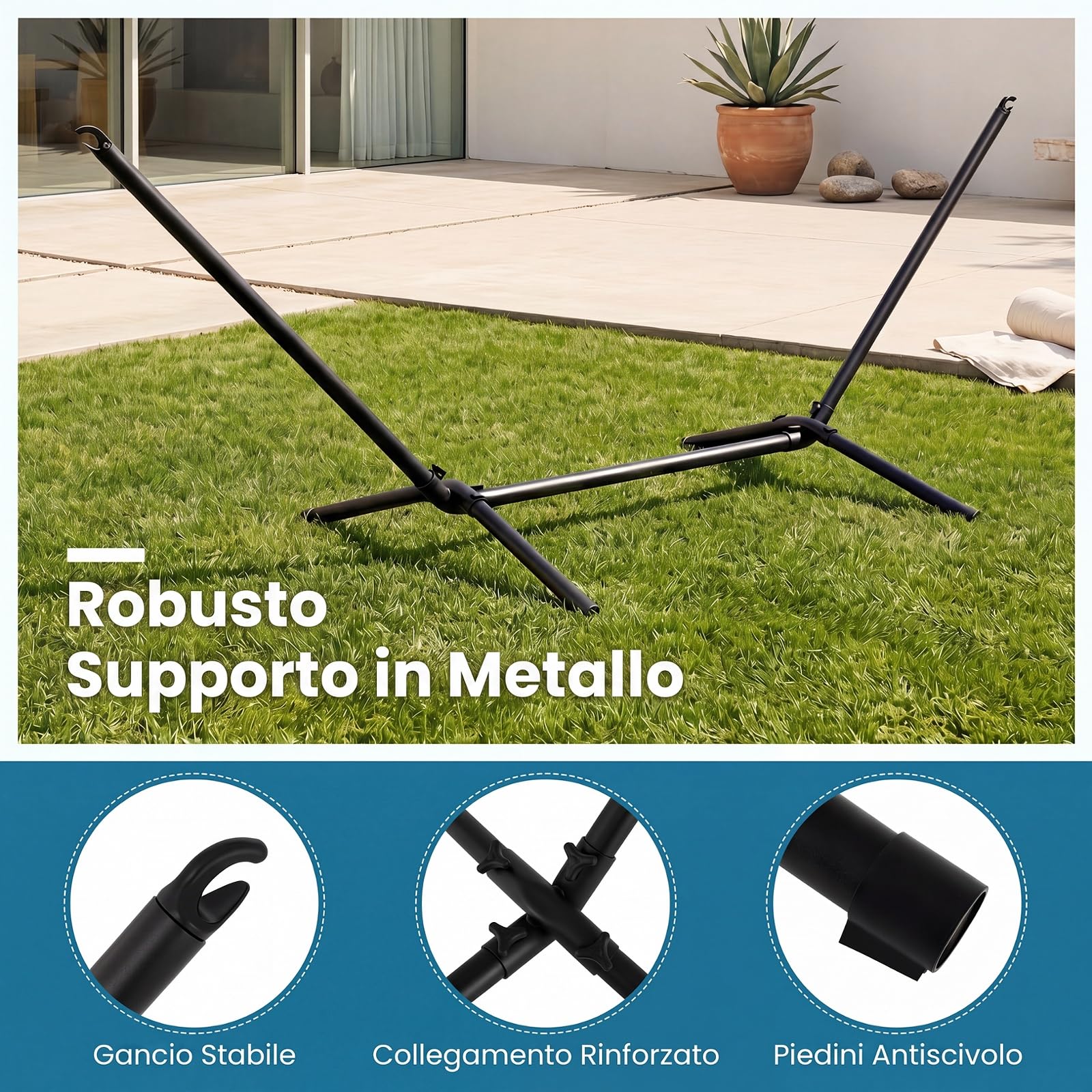 COSTWAY Amaca da Giardino con Supporto in Metallo, con Cuscino Rimovibile | Amaca da Esterno Portatile in Telo Cotone con Borsa, 200 kg, per Spiaggia, Campeggio e Terrazza