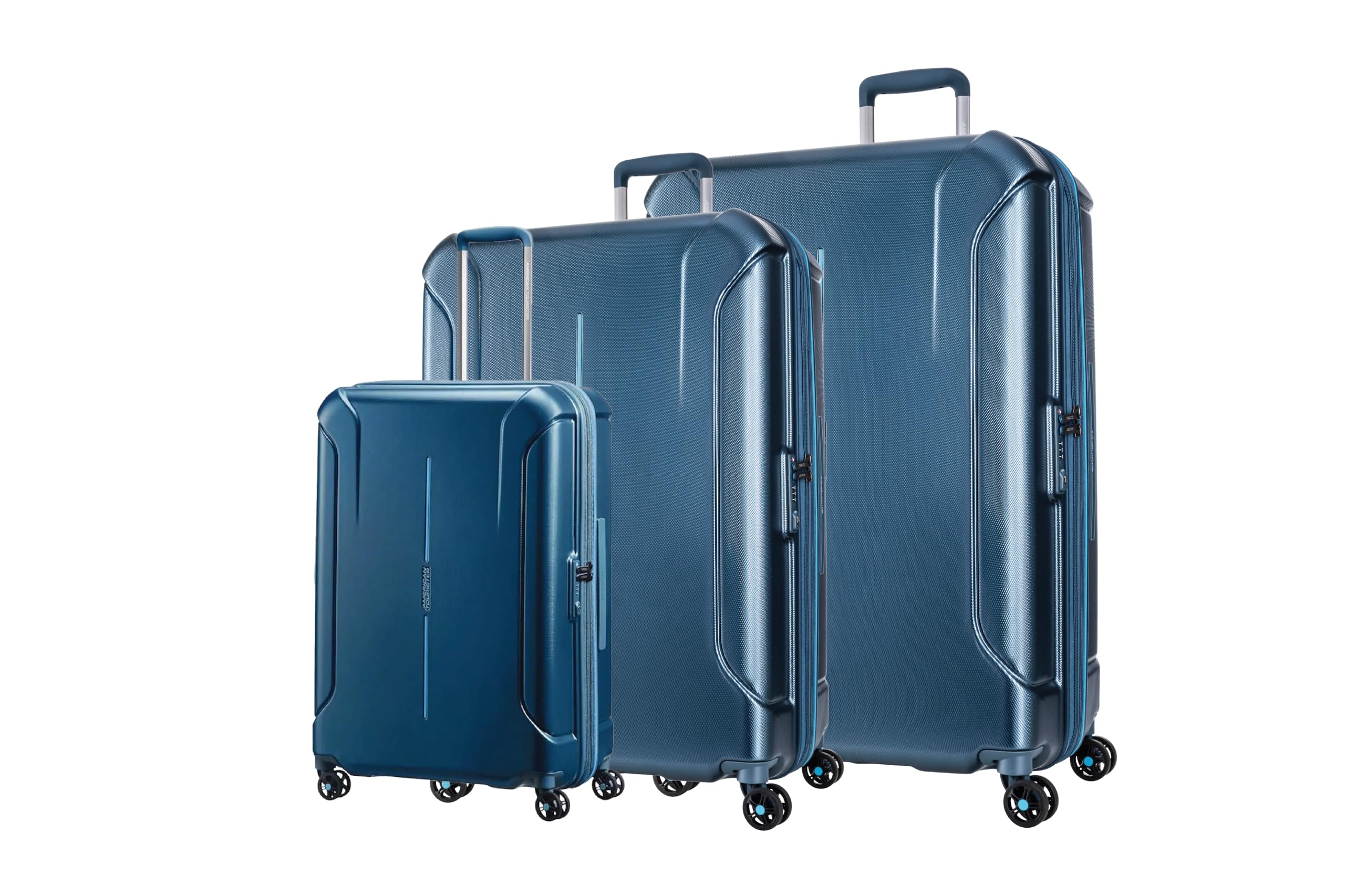 Technum Suitcase Set of 3, (55 + 68 + 77 cm), 4 Spinner Wheels, Hard Top, Polycarbonate, Metallic Blue|DuoSaf™ Security Zipper|Expandable - 3 Years Global Warranty