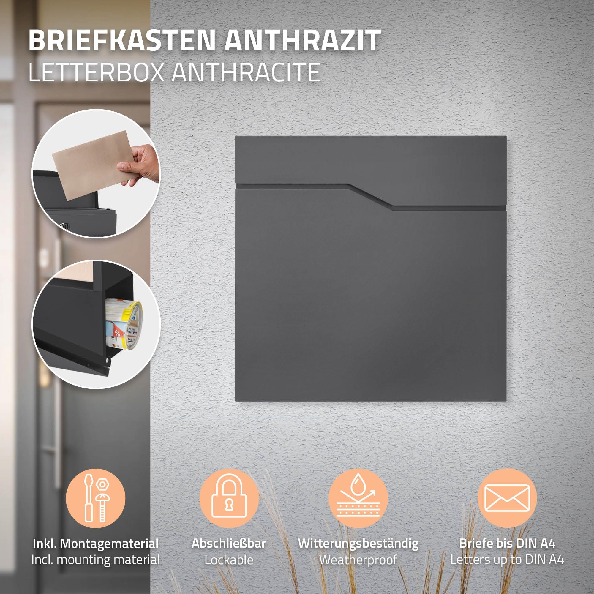 ECD Germany Standbriefkasten mit Zeitungsfach, Design Briefkasten mit Pfosten, Briefkastenanlage, Briefkastenständer Anthrazit 120cm Edelstahl, Postkasten Anthrazit 37x37cm Edelstahl pulverbechichtet
