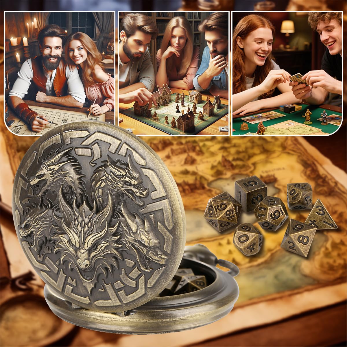 Mini DND Dice Set including 5 Dragon Heads Pocket Watch Shell Case, D&D Starter Set, 7pcs Polyhedral Tiny Metal Dice Kit - Image 2
